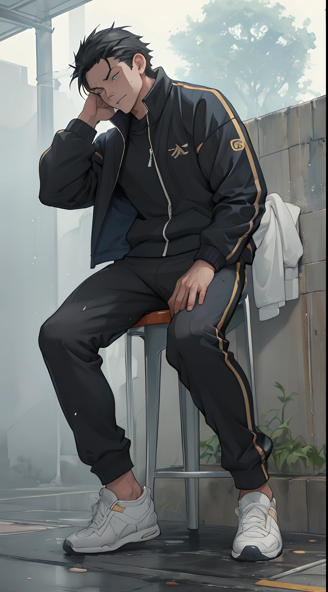 (1 Adult male),A high resolution, Sharp focus, Pixiv masterpiece, ((Complicated details)), highly detailed, natsuki_subaru, 1 man,perfect male figure,Urine on the trouser leg, Nervously bow your head,is shy,embarressed,exhilarated,is shocked,panicking,worry,A pool of urine formed around him,Very eager to pee,Unbearable,Wet yourself,Urine discharge,full bodyesbian,sit astride,Tired,decadent, blue color eyes(eyes glowing), Black hair short hair,track suit,track pants,White socks and sneakers worn on the feet,perspire,Drenched,Get wet,pissing,urine flows down the pants,look from down