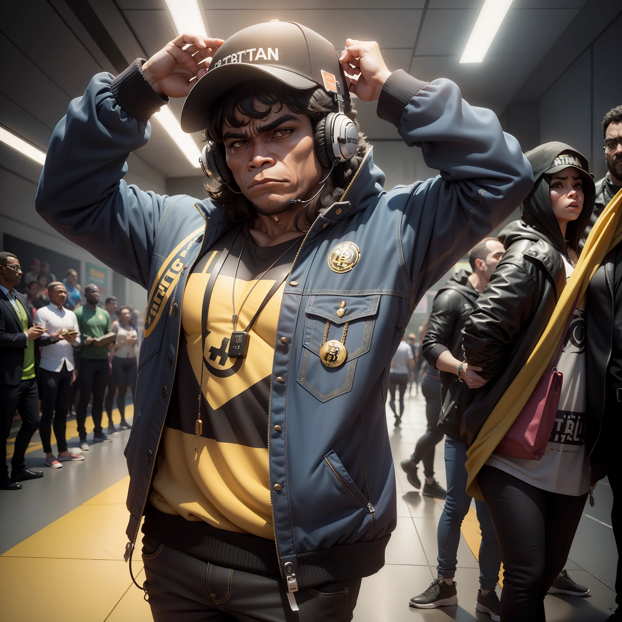 gorila sentado em uma poltrona, com fones de ouvido, roupas com ouro, Colar Bitcoin no peito, imagem ultra realista, ..3d, foto de cinema