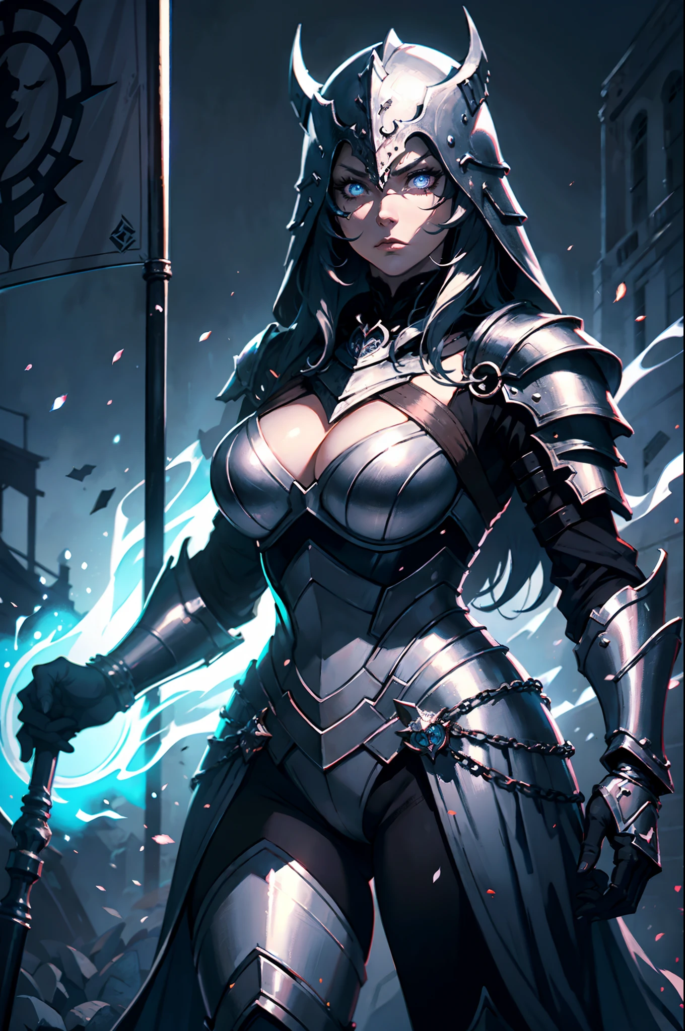 masterpiece, best quality, ultra high res, beautiful, visually stunning, elegant, incredible details, Royal Knight, holding the flag of the kingdom, award-winning painting, dark, gothic fantasy, very muscular woman in a knight armor, ((dark atmoshphere)), power aura, terror, courage in her eyes, determined expression, glowing particles, dust, action, dynamic, cinematic, metal armor, chainmail, heavy armor, mythical,(dark art:1.3), deep shadow, dark theme,