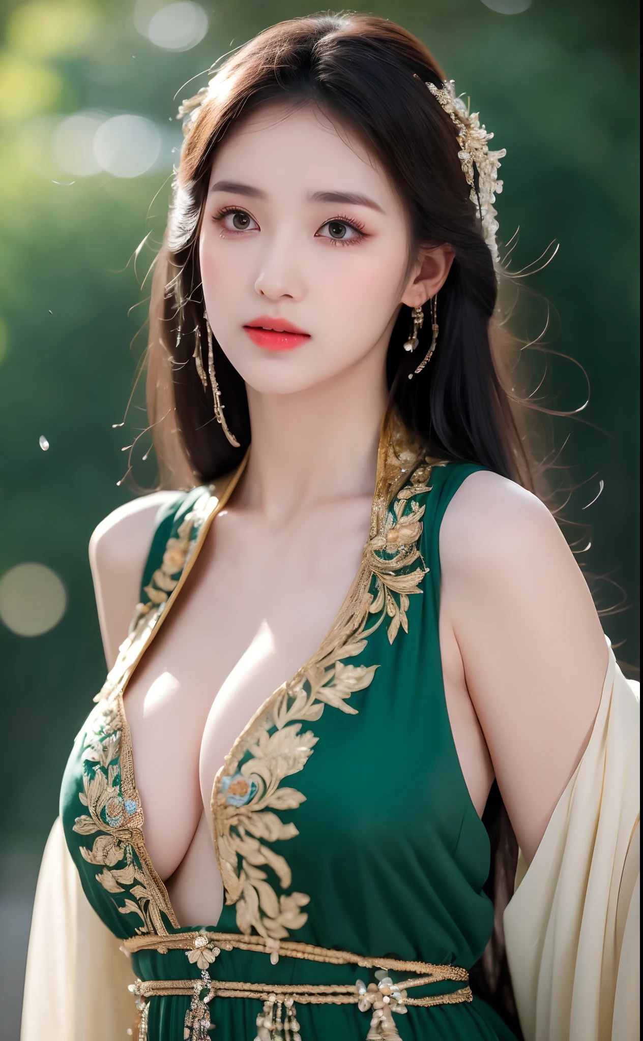 ((Best Quality, 8k, Masterpiece: 1.3)), Focus: 1.2, Perfect Body Beauty: 1.4, Buttocks: 1.2, ((Layered Haircut)), (Wet Clothes: 1.1), (Rain, Street:1.3), (Breasts: 1.2), (Hanfu: 1.2), Bare Shoulders, Bare Legs, Highly Detailed Face and Skin Texture, Fine Eyes, Double Eyelids, Whitened Skin, Long Hair, (Shut Up: 1.5), (Bokeh Background: 1.5), Big Breasts