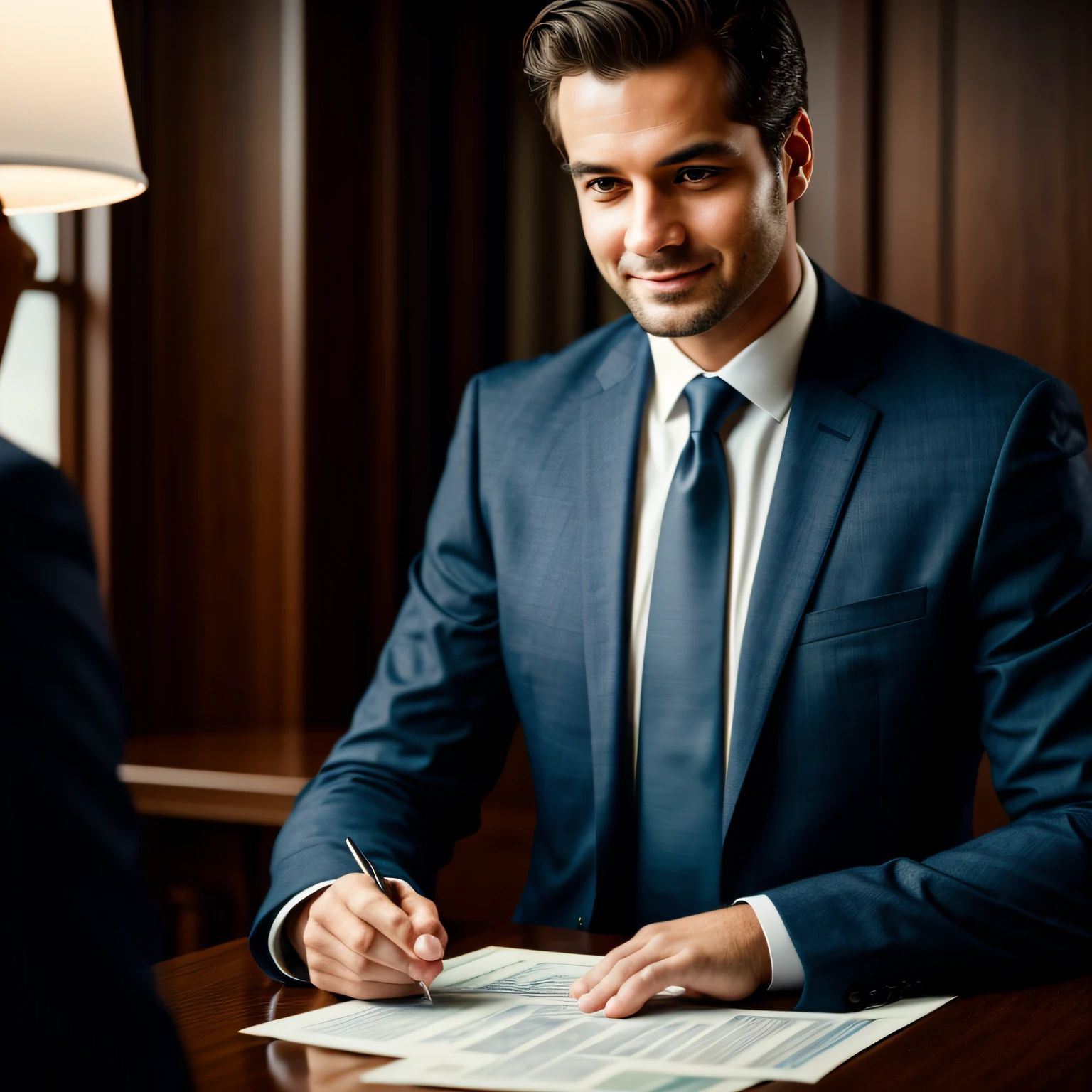 a Man standing with 30 years in suit and tie, body and head straight in the photo, DSRL, facing the viewer of the photo, eyes fixed to the lens, appears shoulders and head in the photo, man centered in the photo, 8k, best quality, masterpiece, realistic, realistic photo, movie photo, ultra realistic, 1 person, detailed,  folds a regular-sized check, puts it in their pocket, and and he walks away cheerfully, leaving others curious about the secret behind their smile. Perfect lighting, DSRL, professional photo, 4k