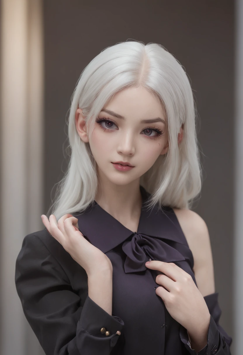 Realistic, 1girll, ((full bodyesbian)), Sexy,Pretty face, White hair, Purple eyes,Sexy legs,(school uniform), Black high heels,Black school uniform, (Black skirt), parted lip, Blush, Night, Possessed, 耳Nipple Ring,