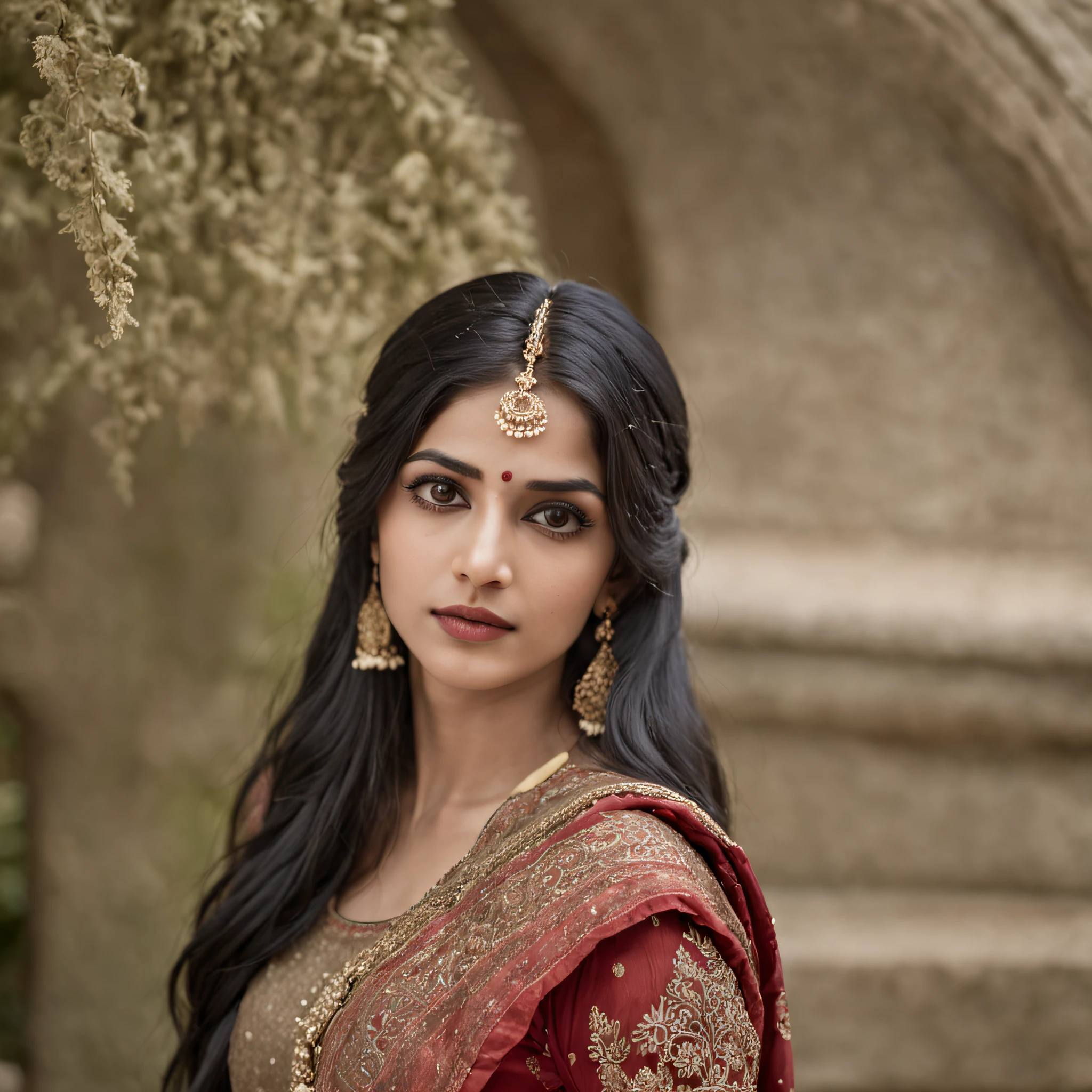 "A young woman with fair complexion, originating from India, is portrayed in meticulous detail in this frame. She has beautiful, long, black hair, round black eyes with intricate details, and nicely shaped lips. She has a cute and slightly shy expression. She is dressed in traditional Indian attire and has a slender figure. The focus is on her detailed hands and fingers."