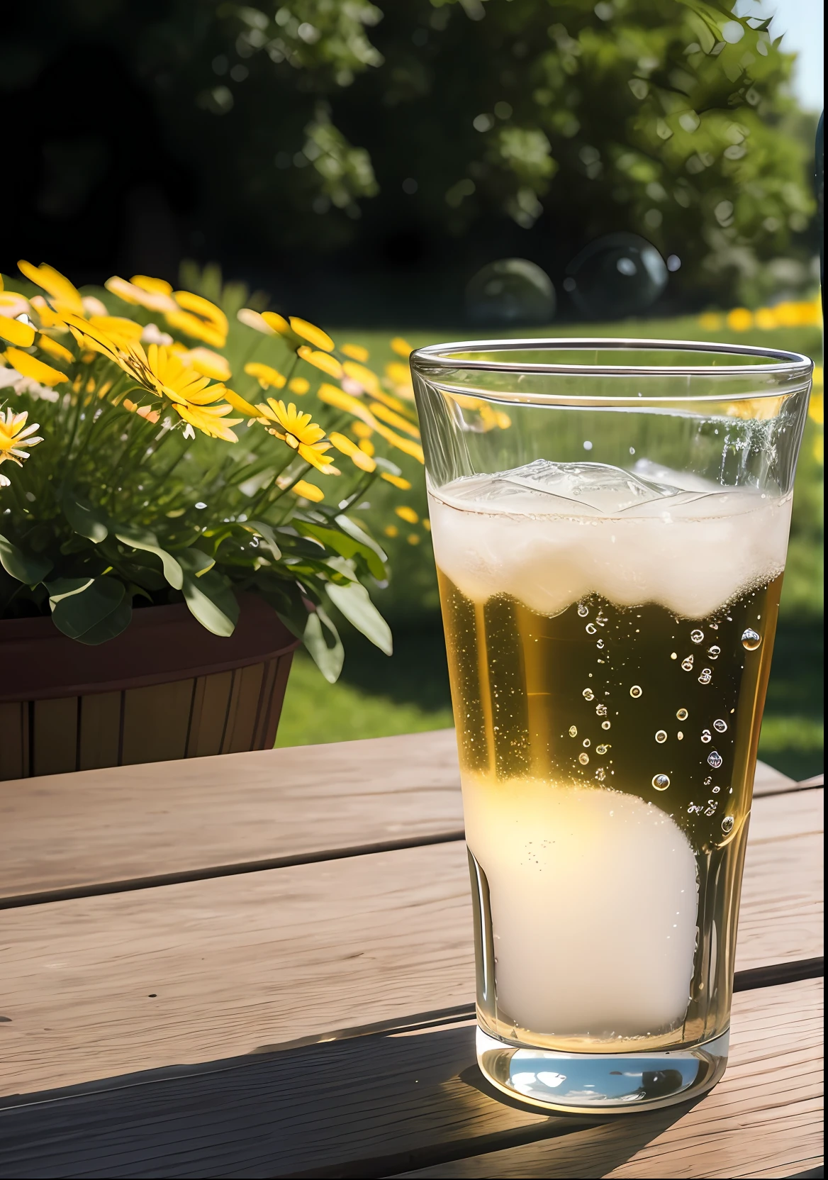 A glass with drops of water filled with carbonated drinks, translucent liquid, ice cubes, bubbles, a floral crown of daisies and lavender on picnic tablecloths, midday outdoor lighting, open air, natural background, summer day, hot weather, high detail, very humid humidity, high brightness, wet watermarks, excessive detail, surrealism, soft light, studio lighting, diffuse soft light, shallow depth of field, sharp focus, bokeke effect, light tracking, subsurface scattering, complex soft light, diffuse soft light, highly detailed glass reflection, ultra-thin (ultra-thin), ultra-thin) (thin, ultra-detailed), cinematic, surrealism, hardware, best quality, ultra-high resolution (photorealistic: 1.4), high resolution, detail, raw photography, clear reproduction, 4 kodak portra 400 stock camera, f1.6 lens, realistic texture, spectacular lighting, not a real engine, popular on artstation, cinemas up to 800,