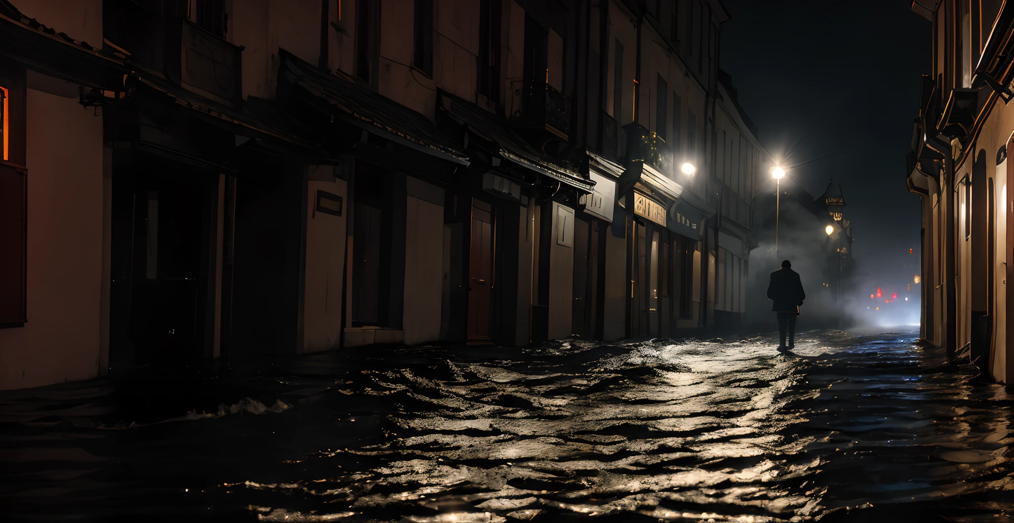 Ultra Realistic Photo,A cinematic scene,Sherlock Holmes walks on the water in a storm,tmasterpiece,best qualtiy,high qulity,8k extremely detailed CG unit wallpaper,Award-winning photography,Bokeh,depth of fields,hdr,flood,color difference,realisticlying,extremely detaile,trending on artstration,Trend of CGsociety,iintricate,high detal,dramatics,art in the middle of the journey, Artistic monochrome,Textured film particles,atmospheric fog,shallowdepthoffield,Tough city atmosphere:0.3 Movie black and white street photos,deep in the night.Lights stroll along the historic streets。Images taken from a low angle show magnificent buildings and cobbled alleys,A faint candlelight cuts through the mist,Cast dramatic shadows。The camera emphasizes the existence of mystery,Highlight their confident pace,Capture the essence of urban exploration and mystery。A lonely figure of a person。