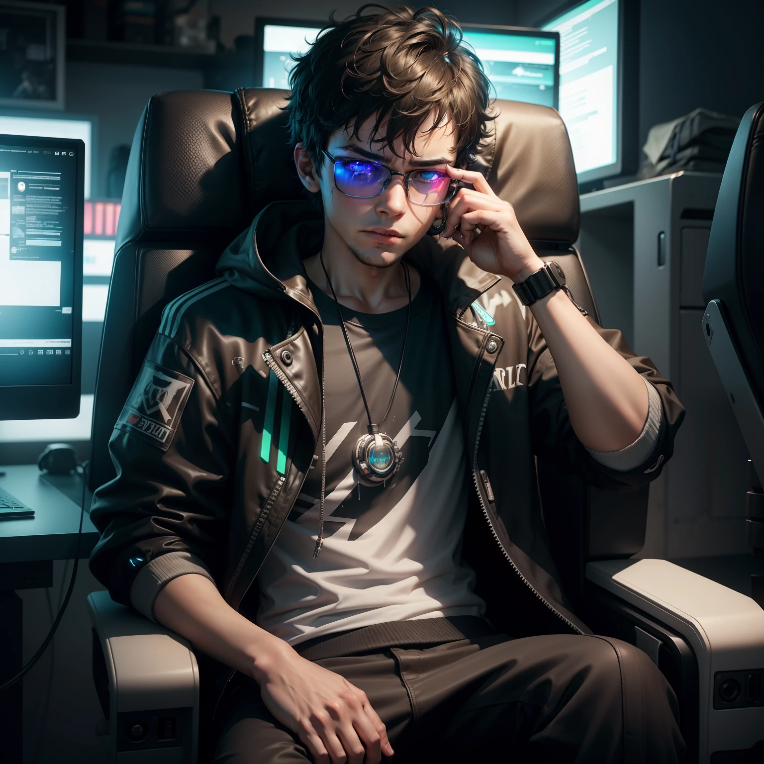 A boy sitting in the gaming chair he was crying . .ultra realistic.
Background RGB lights. cyberpunk. eyes glasses circle.