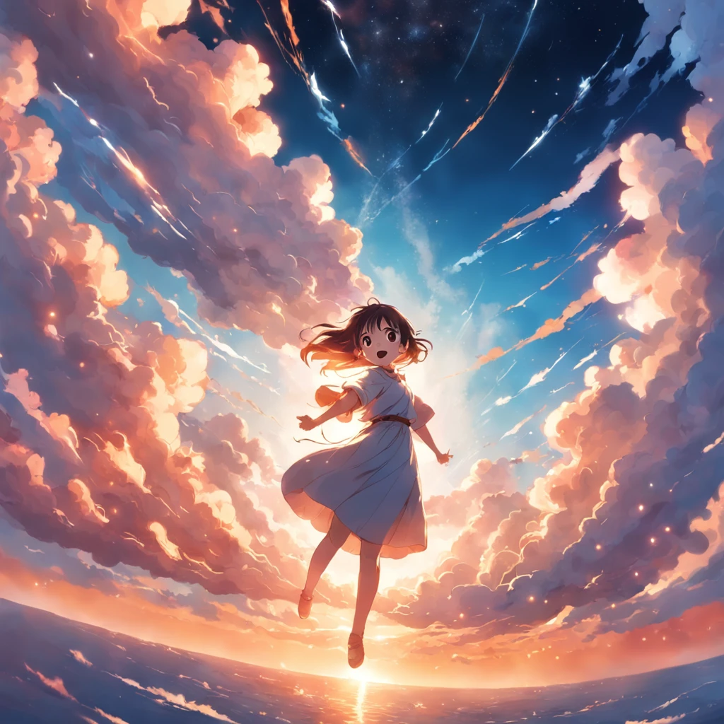 masterpiece, best quality, movie still, 1girl, cloud girl, floating in the sky, close-up, bright, happy, warm soft lighting, sunset, (sparks:0.7)