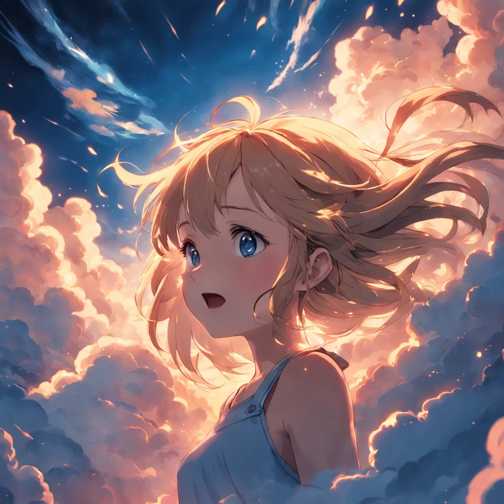 masterpiece, best quality, movie still, 1girl, cloud girl, floating in the sky, close-up, bright, happy, warm soft lighting, sunset, (sparks:0.7)