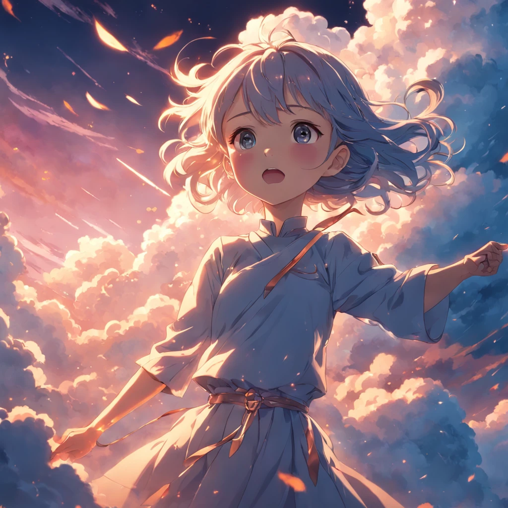masterpiece, best quality, movie still, 1girl, cloud girl, floating in the sky, close-up, bright, happy, warm soft lighting, sunset, (sparks:0.7)