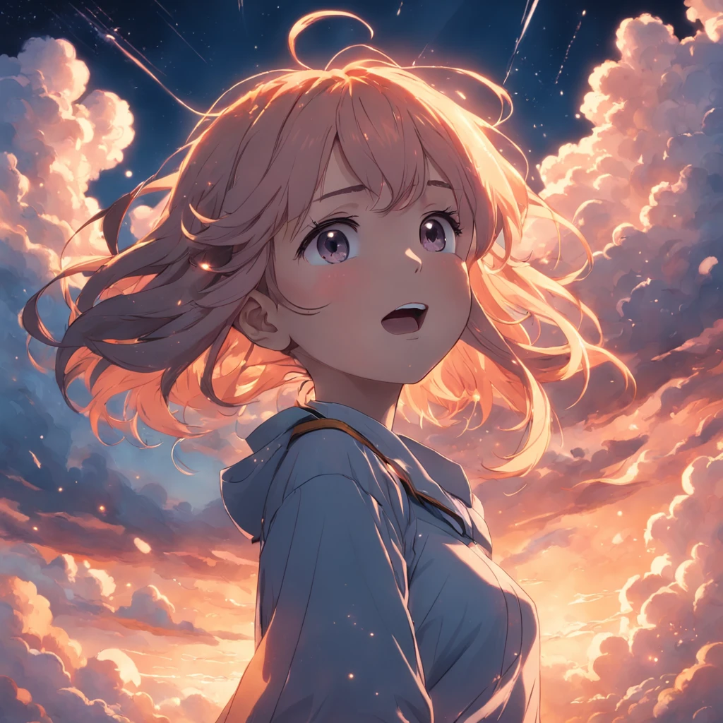 masterpiece, best quality, movie still, 1girl, cloud girl, floating in the sky, close-up, bright, happy, warm soft lighting, sunset, (sparks:0.7)
