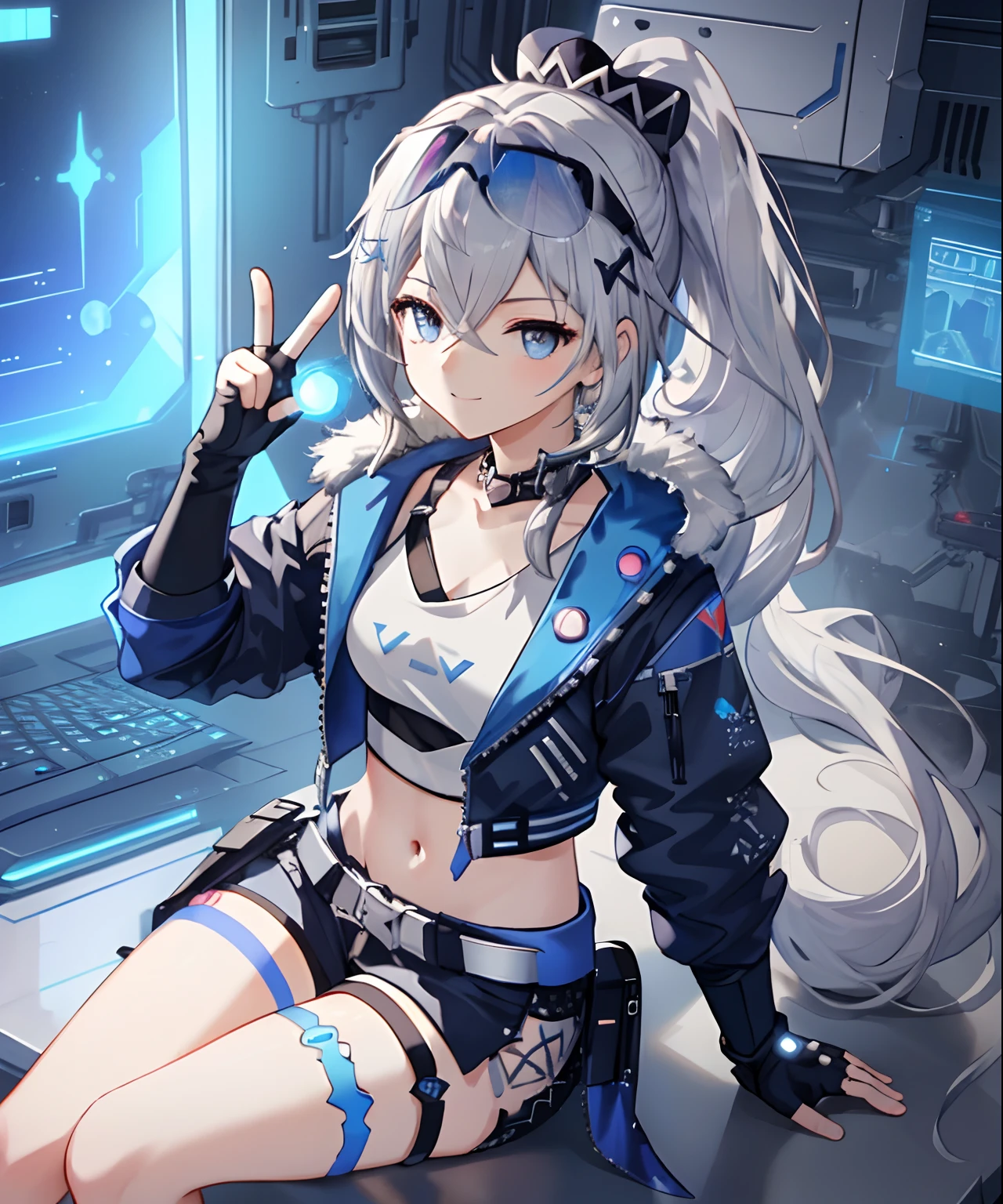 (masterpiece, photorealistic,best quality, extremely detailed CG,beautiful detailed eyes,ultra-detailed,intricate details,from above),fullbody,1girl,young,,young,long hair,metal hair,white hair,high bonytail,medium breasts,navel,sliver eyes,smirk,((peace sign,sitting,),crown,blue sunglass on head,fingerless gloves,cyberpunk jacket),detailed background((space station,fluorescent blue light,holy aura,Science fiction-theme)),