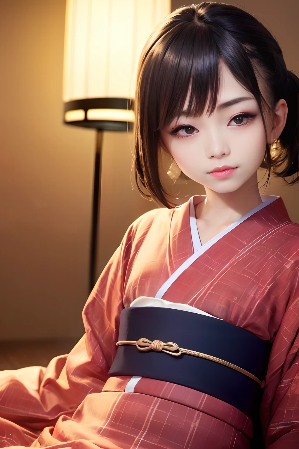 Upper body from the waist up、Are sleeping、nap、(Sleeping with your eyes closed)、(4In K、masterpiece、hight resolution、Realistic and beautiful light and shadow、One girl、Solo Focus、(top-quality)、(Hi-Res)、(extremely delicate and beautiful)、(Beautiful 8k face)、(Brown-eyed)、(I close my eyes while smiling.)、(独奏)、(Clear skin)、(Soft hair)、(hugetits)、(Plaid kimono, Red and blue floral yukata)、((Awa Odori Pose))、((Bokeh lantern light night background))、((speedo))、(reality)、thin and small nose、(red lipsticks)、(Reddening cheeks)、poneyTail、(Lustrous skin)、((Ukiyo-e style))、Ultra-thin eyebrows、Ultra high image quality、(Wearing maiko-style makeup)、skin whitening、long and beautiful lashes、Turning around in the style of a Kyoto magazine model、((s asleep))、Lustrous skin、(Red-dyed cheeks)