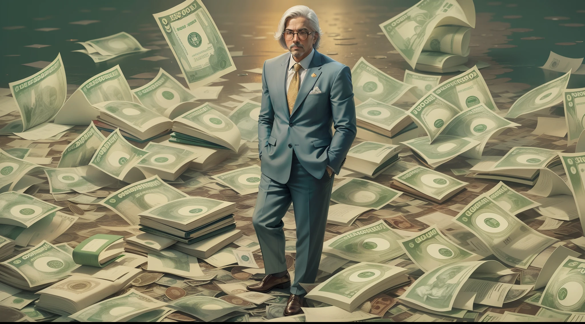 Uma pintura detalhada de uma pessoa em um terno, surrounded by a flood of dollar bills, with the book Financial Freedom Formula at the center.