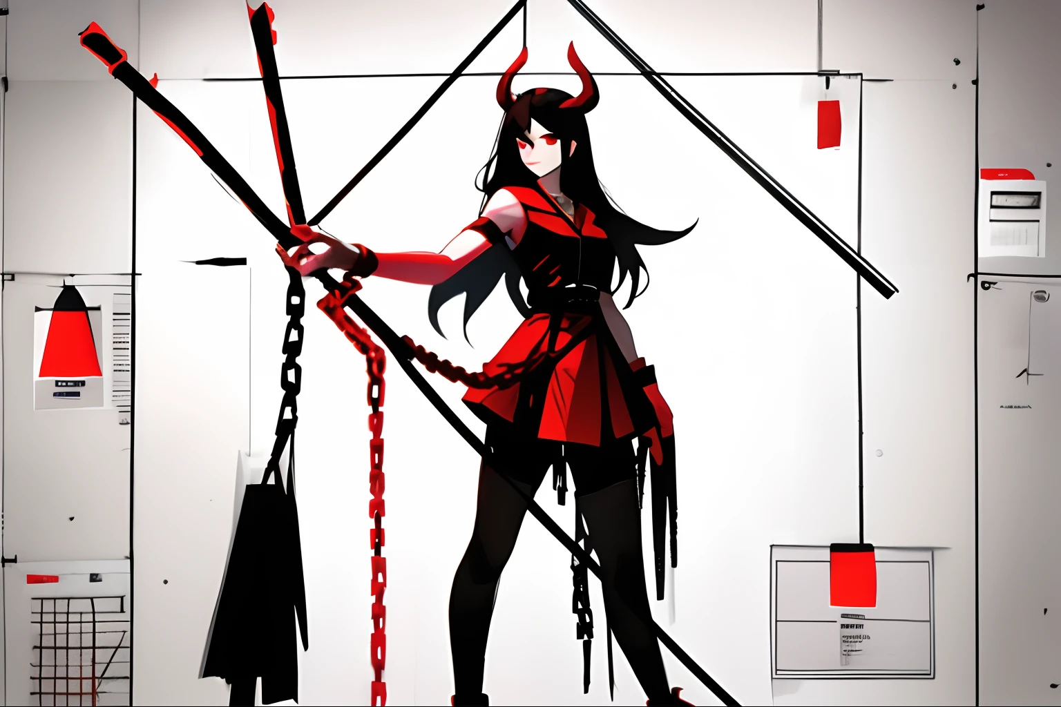 a female demon，Ropes and chains in the hand, white backgrounid，Red all over，Black-white-red design, August limbs, offcial art, concept-art, plan，Size，A three-sided setting diagram of characters，infography，Patent schematic，Fine style