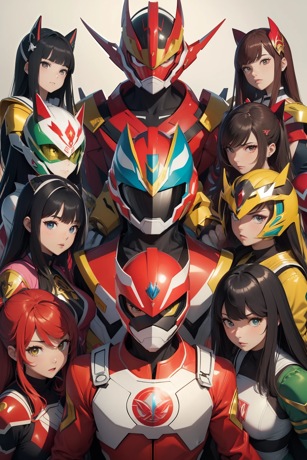Outrageous resolution、hight resolution、(masterpiece:1.4)、ultra-detailliert、Crisp details、Dramatic and photorealistic pictorial art、Super Sentai Series、Megaranger、Hero Mask、(reddish、verdant、A black、amarelo、pink there、Fivesome)Righteous heroes、Decide on a transformation pose、