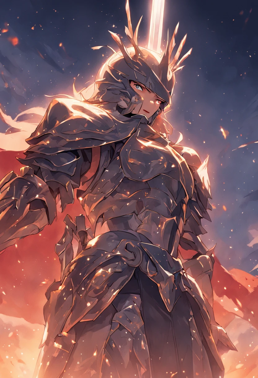 royal knights,Gorgeous heavy armor wraps the whole body,Point the knight's sword to the sky,sportrait,closeup cleavage,Solemn,flatchest,modest,humble,Cinematic, hdr, primitive, Intricate, High quality, Gorgeous shades, Intricate details, super-fine,oc rendered
