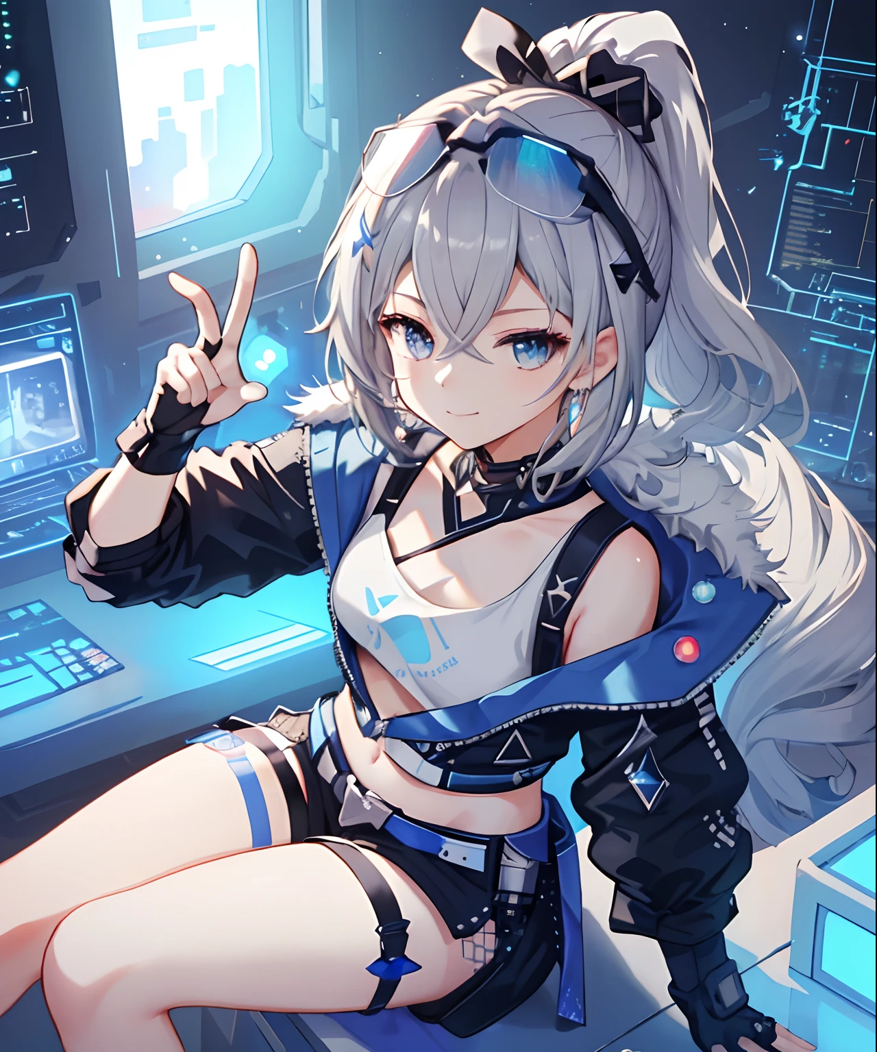 (masterpiece, photorealistic,best quality, extremely detailed CG,beautiful detailed eyes,ultra-detailed,intricate details,from above),fullbody,1girl,young,13 years old,young,long hair,metal hair,white hair,high bonytail,medium breasts,navel,sliver eyes,smirk,((peace sign,sitting,),crown,blue sunglass on head,fingerless gloves,cyberpunk jacket),detailed background((space station,fluorescent blue light,holy aura,Science fiction-theme)),