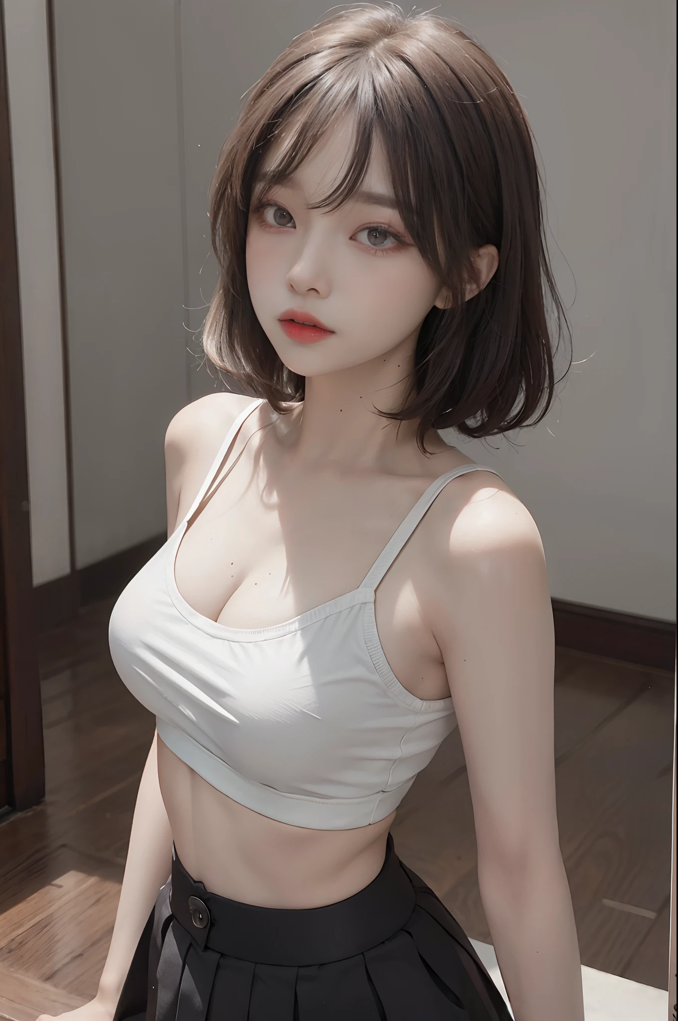 Top image quality、Raw photography、超A high resolution、An 18-year-old woman、Shooting for one person only、modelshoot、big round chest、cleavage of the breast、tshirts、Black skirt、Beautiful Eyes of Details、very elongated eyes、Beautiful eyelashes、Beautiful double eyelids、white walls、very slender legs、Shorthair with light brown hair、very slender physique、Very small buttocks