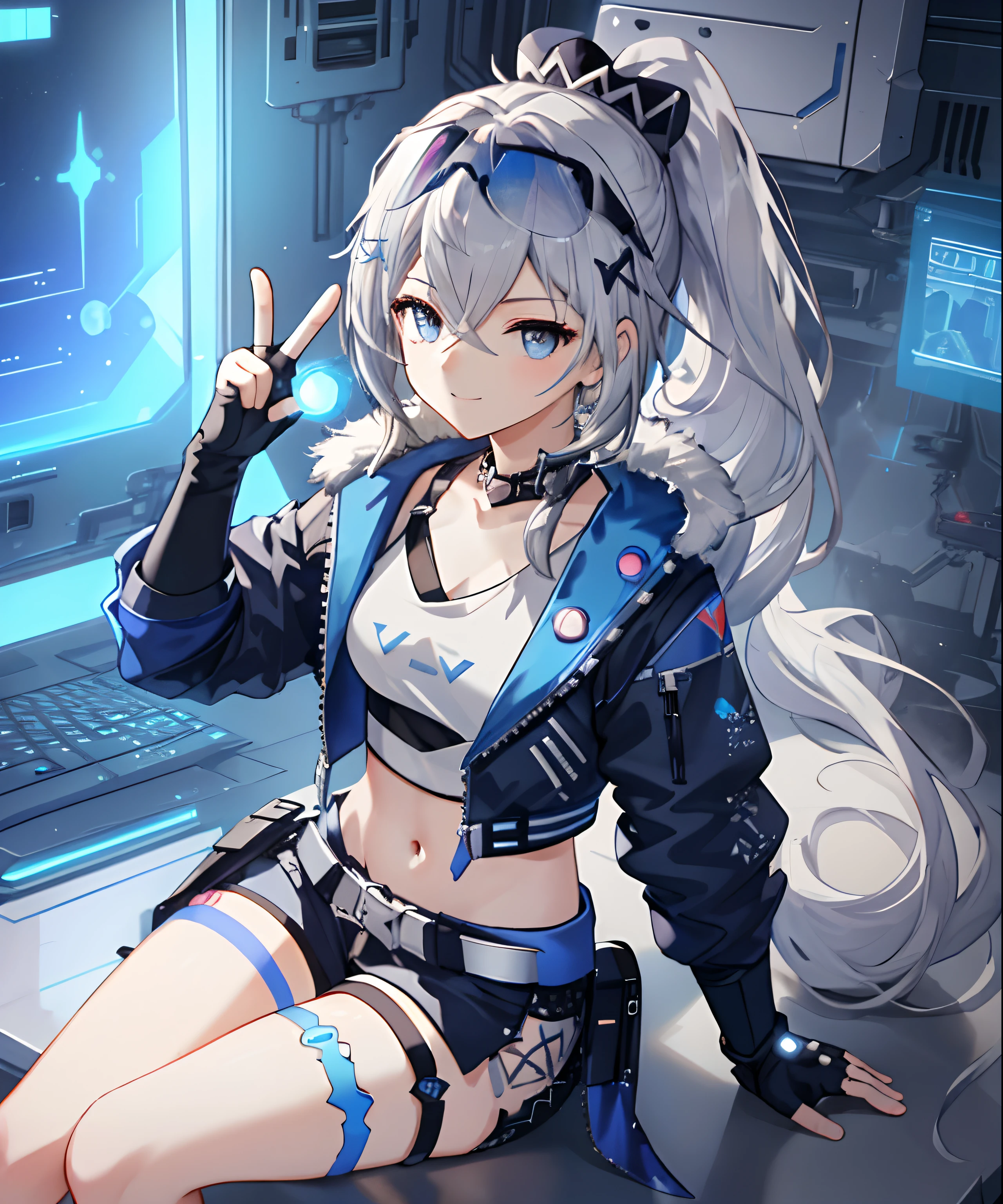 (masterpiece, photorealistic,best quality, extremely detailed CG,beautiful detailed eyes,ultra-detailed,intricate details,from above),fullbody,1girl,young,,young,long hair,metal hair,white hair,high bonytail,medium breasts,navel,sliver eyes,smirk,((peace sign,sitting,),crown,blue sunglass on head,fingerless gloves,cyberpunk jacket),detailed background((space station,fluorescent blue light,holy aura,Science fiction-theme)),