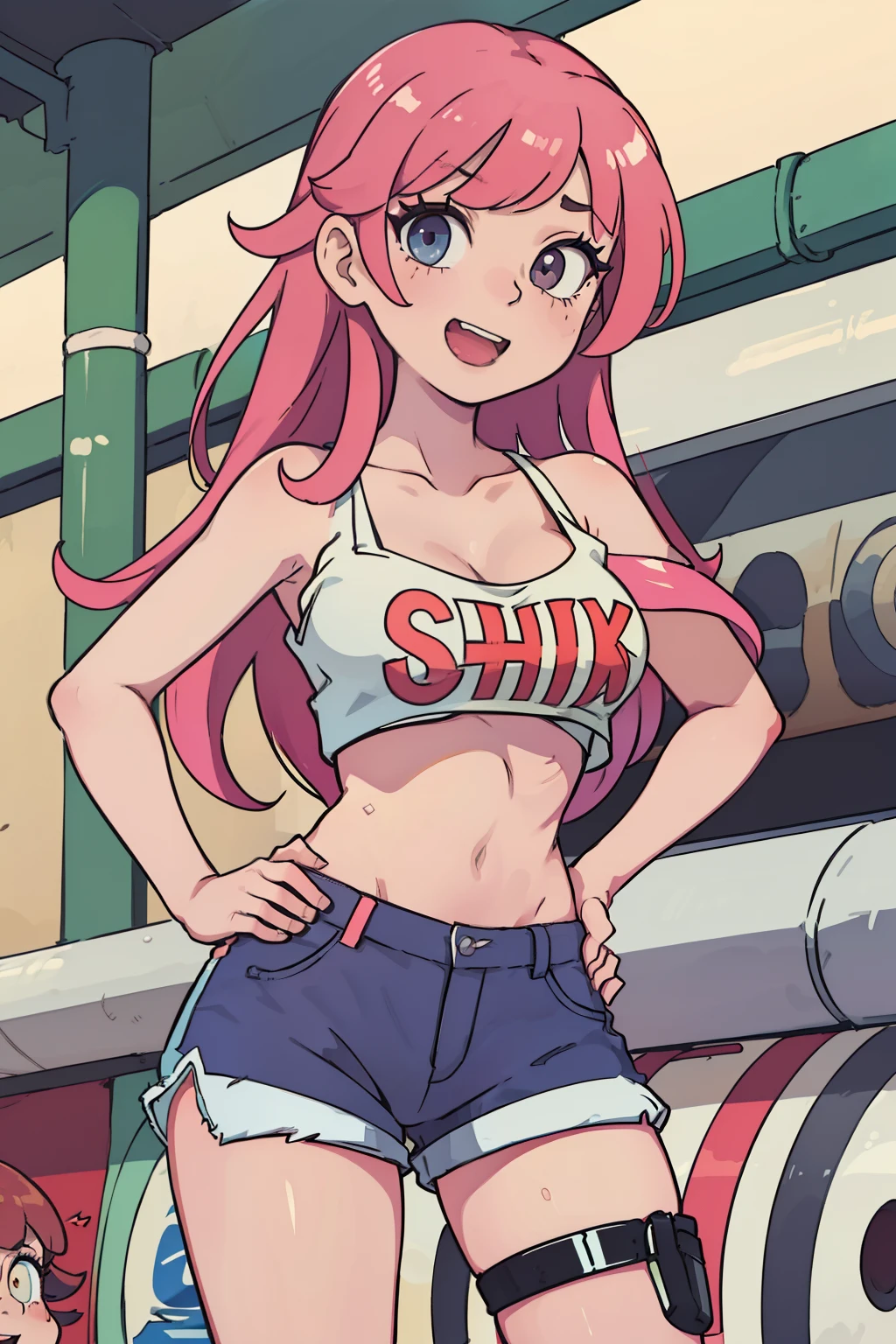 (NSFW:1.2), Solo, girl with, Petite, , 10 yei, Pink hair, Long hair, Quirk hair, Intake of large amounts of hair, (shiny eyes:1.5), Blue eyes, Sleeveless, off shoulders, (Tube Top:1.5), (Hot Pants:1.5), Laughing, one eye closed, (Large breasts:1.2), (under the boobs:1.1), (drooping chest:1.1), (perspired:1.2), (redness skin:1.2), (hand on hip:1.5),