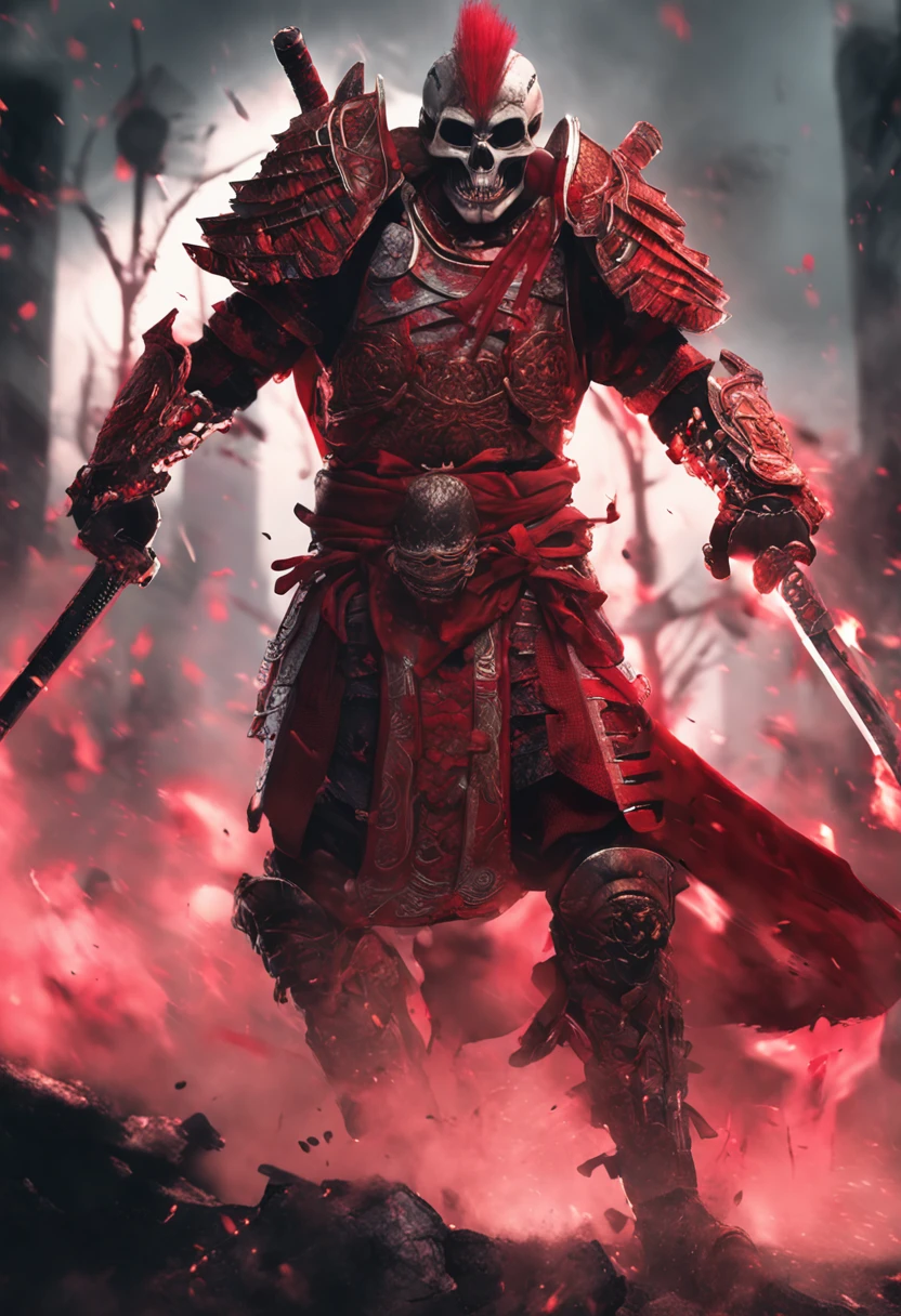 Create a hyper-detailed 4K resolution digital artwork featuring a skeletal warrior in a samurai-style red suit. The artwork should depict a determined face portrait of the warrior at street level. The lighting should be dynamic, highlighting the intricate details of the character. The overall style should resemble splash art with triadic colors and deep color tones. The artwork should have a storybook style with muted colors. The warrior should have no hair. Please recommend the best camera model and lens for capturing the artwork.