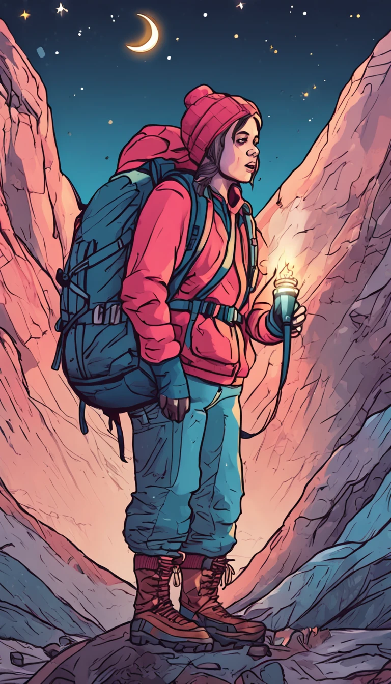 1 woman((upper body selfie, angry, bigboobs, best quality, ultra-detailed, solo, outdoors, (night), mountains, nature, (stars, moon) cheerful, happy, backpack, sleeping bag, camping stove, water bottle, mountain boots, gloves, sweater, hat, flashlight
