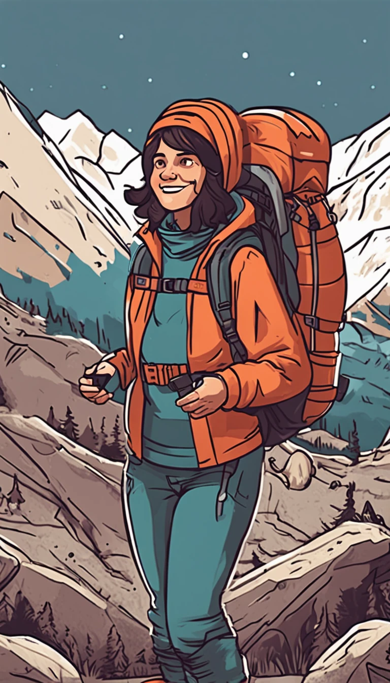 1 woman((upper body selfie, angry, bigboobs, best quality, ultra-detailed, solo, outdoors, (night), mountains, nature, (stars, moon) cheerful, happy, backpack, sleeping bag, camping stove, water bottle, mountain boots, gloves, sweater, hat, flashlight