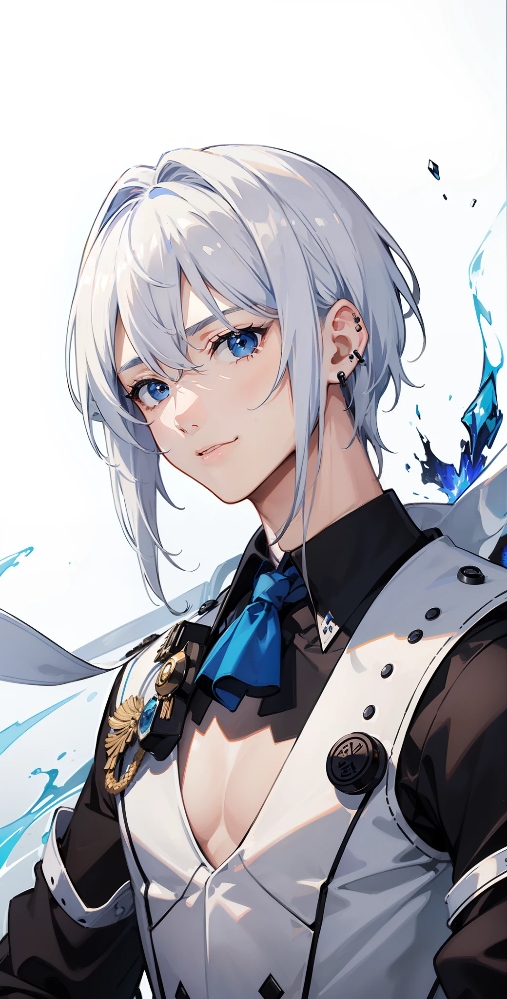 top-quality、masterpiece、hight resolution、White hair with a blue tint、break、A slight smil、frontage、1 boy、beautiful shadow、Dazzling light、well-muscled、black suits、Complicated piercing of the ears