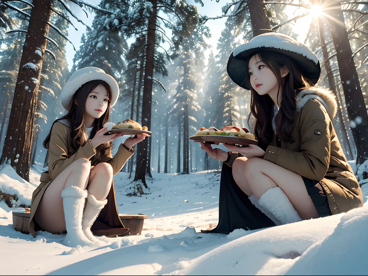 (Masterpiece, best picture quality, HD wallpaper), the beautiful girl and her sister are sitting in a mushroom forest, frontage, from below, eating lunch, winter, snow,god ray, naked