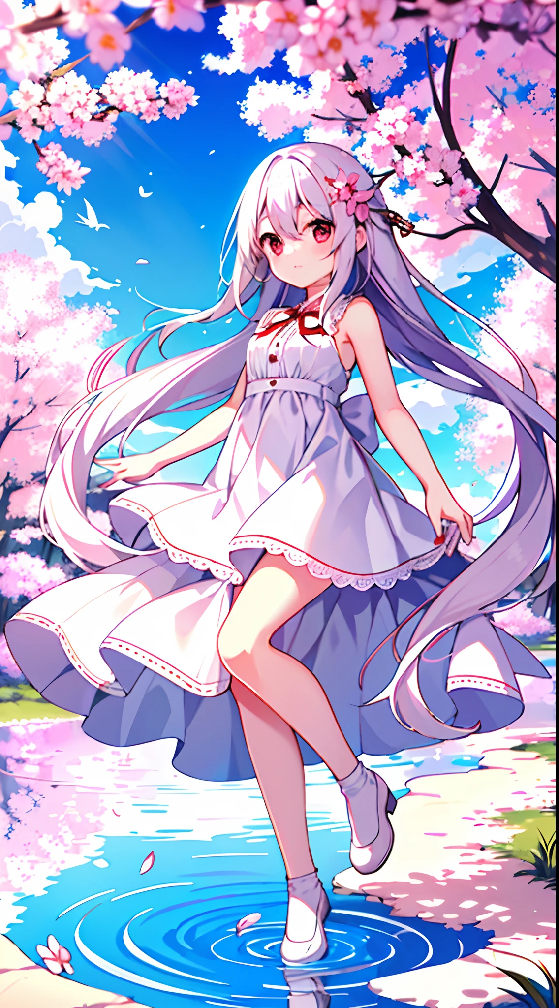 (Highest picture quality), (Master's work),(Detailed eyes description),(Detailed face description),
1girl,red eyes,white hair,(very long hair),very long hair (floating in the wind),hair ornament,white dress,small breast,bare legs,white socks,leather shoes,arms and hands behind back,blush,fluttering grass,(spring,sakura blossoms),petals,(lens flare),altocumulus,dazzling light,cool breeze,(shade) of [a sakura tree],meadow,(the grass is growing and the birds are flying),(lake,surface reflection)
