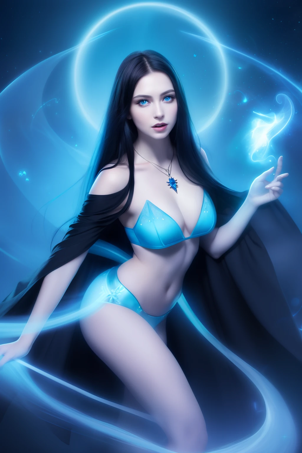 Sexy beautiful woman with a perfectly proportioned face, realistic facial expression, long black hair, light blue eyes, pale skin, wearing a black robe with intricate decorations, witch, confident expression (dynamic Angle, dazzling blue eyes, delicate necklace, charming smile), (magic mystical background, fireflies, glowing particles, ethereal fog, faint darkness), high saturation, movie light, edge light, best shadow