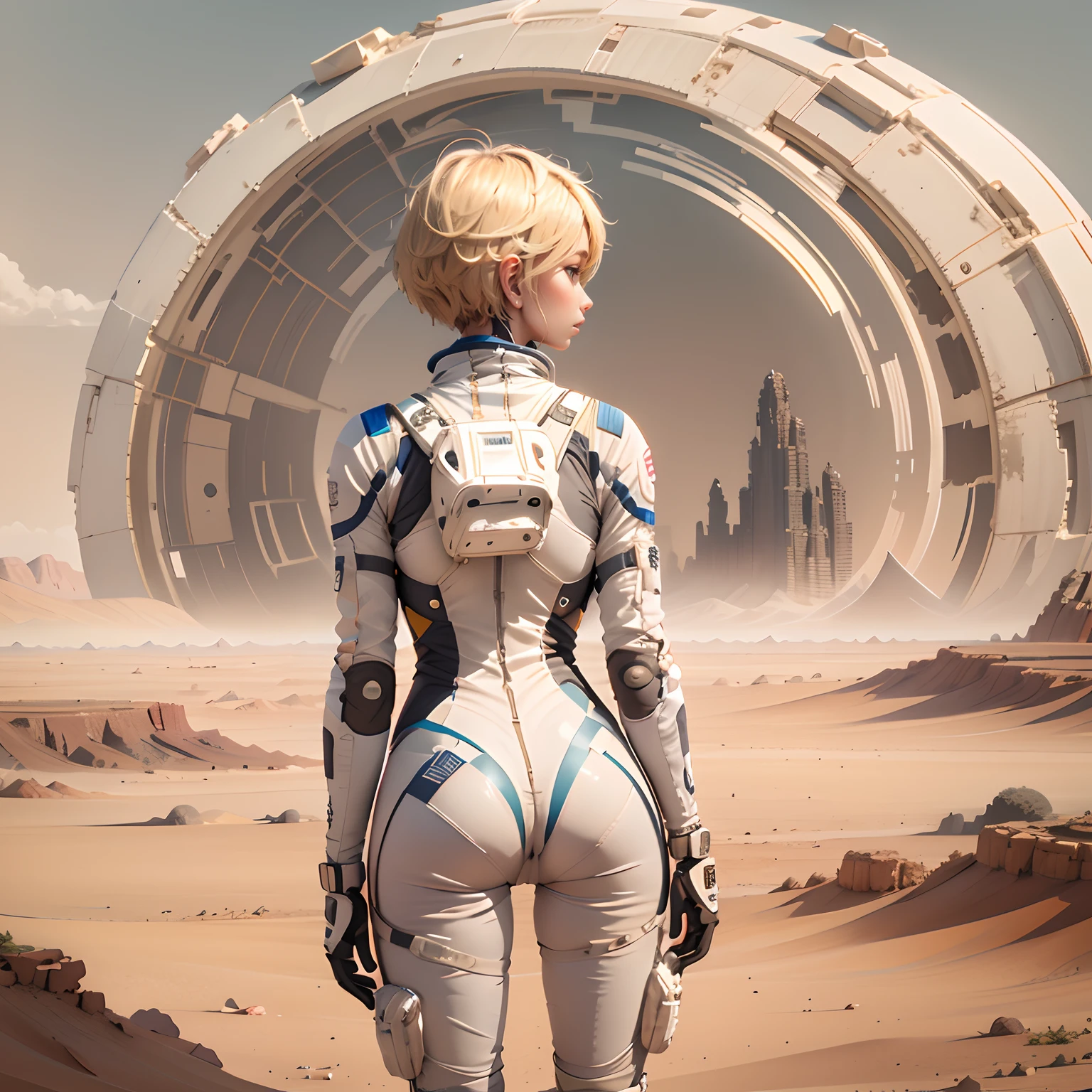A detailed mid shot, a beautiful astronaut girl, very short hair, pixie cut, hourglass body, slim body, (helmet:0.0), wearing a thight space suit, intricate suit, (neckline keyhole back:1.2), (backpose), sci-fi, (big ass:0.8), caucasian, in a desert, masterpiece, best quality