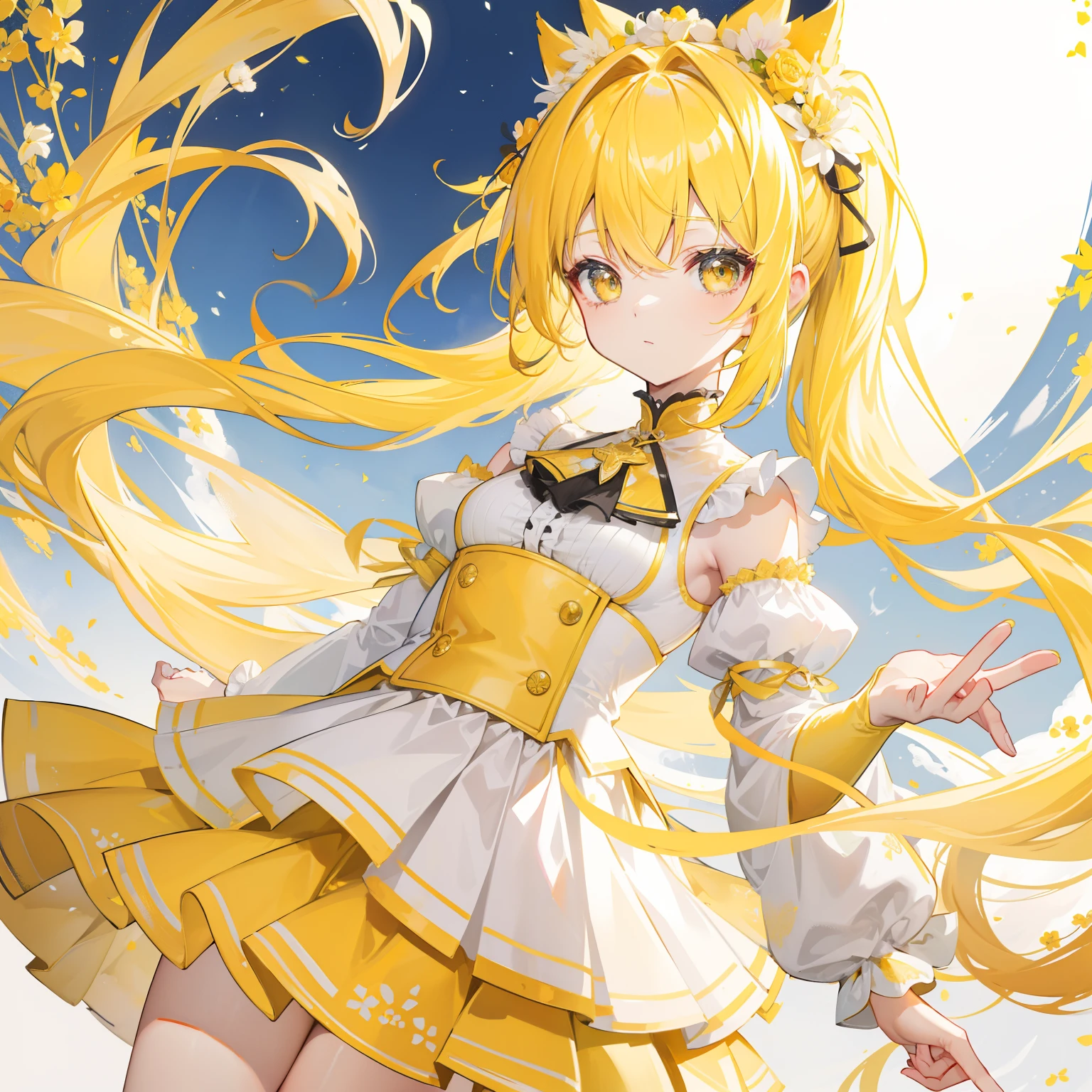 Bright yellowish hair，high ponytails，White and yellow clothes are decorated with gold accents，Cute and cute like a fairy