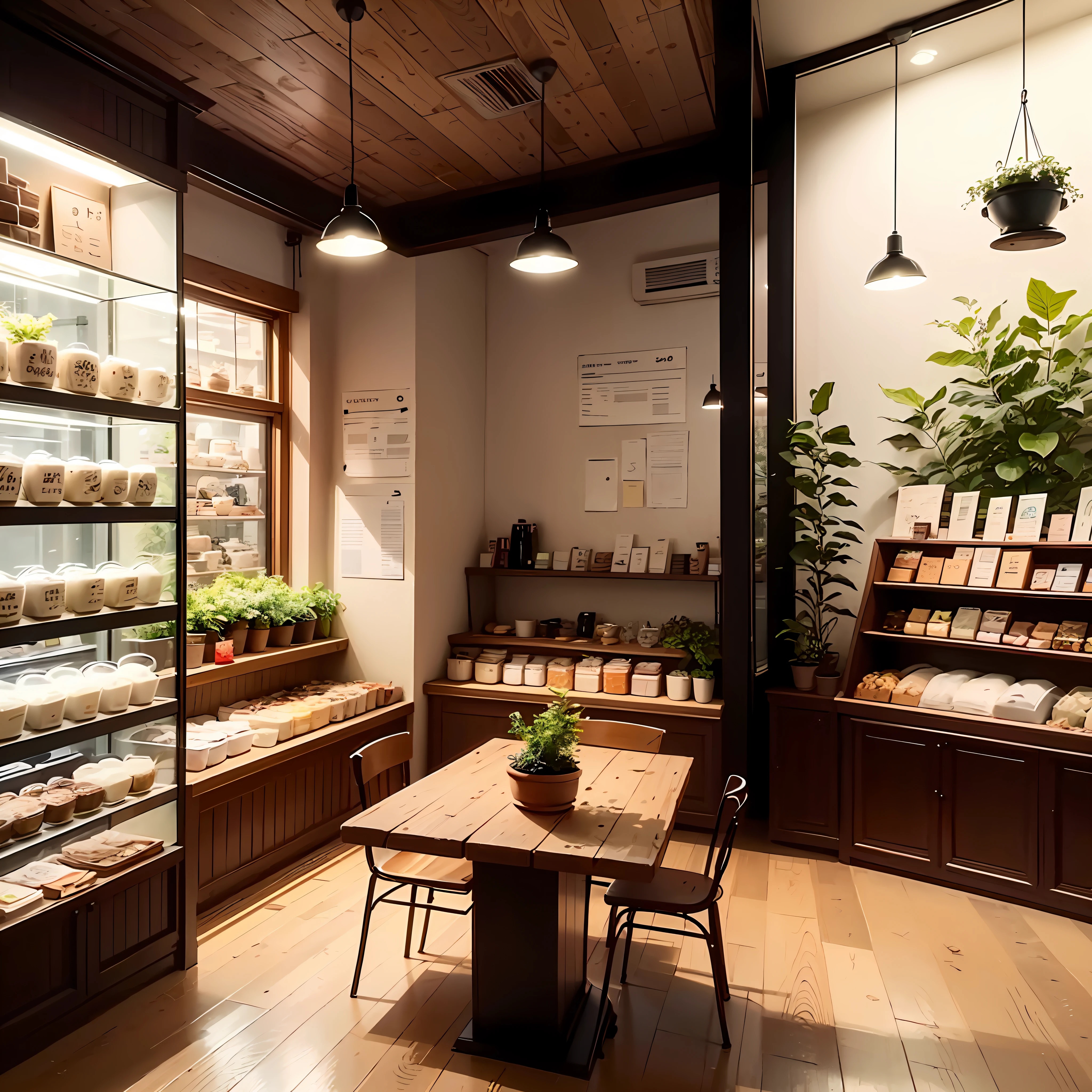 Cozy and comfortable milk tea shop,gentlesoftlighting,Delicate hand-drawn illustration,Meticulous details in the store,Interior greenery and warm wood décor,