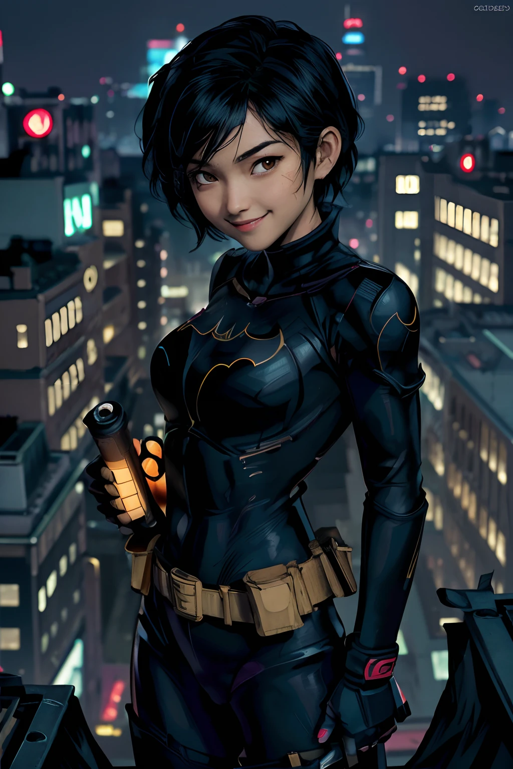 (masterpiece, best quality),1girl, solo, cassandra cain, batgirl suit, black hair, brown eyes, smile,
akihabara city, of the dead,  night,  from above, STANDING rooftop, neon sign, game center,