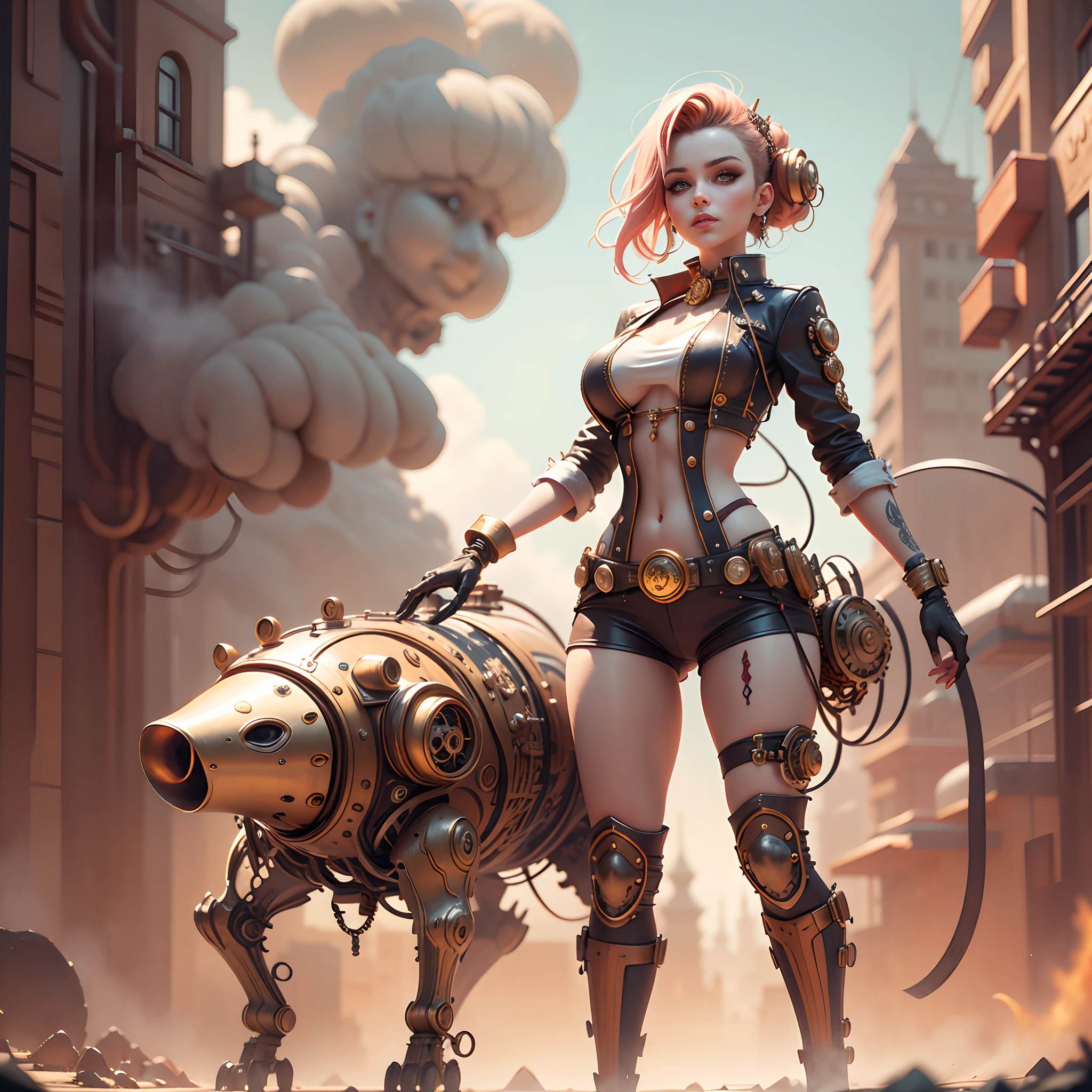 There's a sexzy Russian busty 1woman with friends,street punk, standing with Steam punk Helicopter,dusky skin, with muscled body,less dress,Royal look, steampunk + cyperpunk urban city, sexzy full body view top to bottom, standing in backview turning camera, random camera angle ,dark smoke fog background,street punk digital, , Wojtek FUS, arte digital street punk, detailed wild street punk illustration, Portrait of a gold and copper mechanical woman, arte street punk, sci-fi street punk,sexy beautiful face, doe shape eyes, full lips. slim body, breathtaking beauty, vibrant, comprehensive cinematic, 8k, cinematic lighting, best quality, 4k