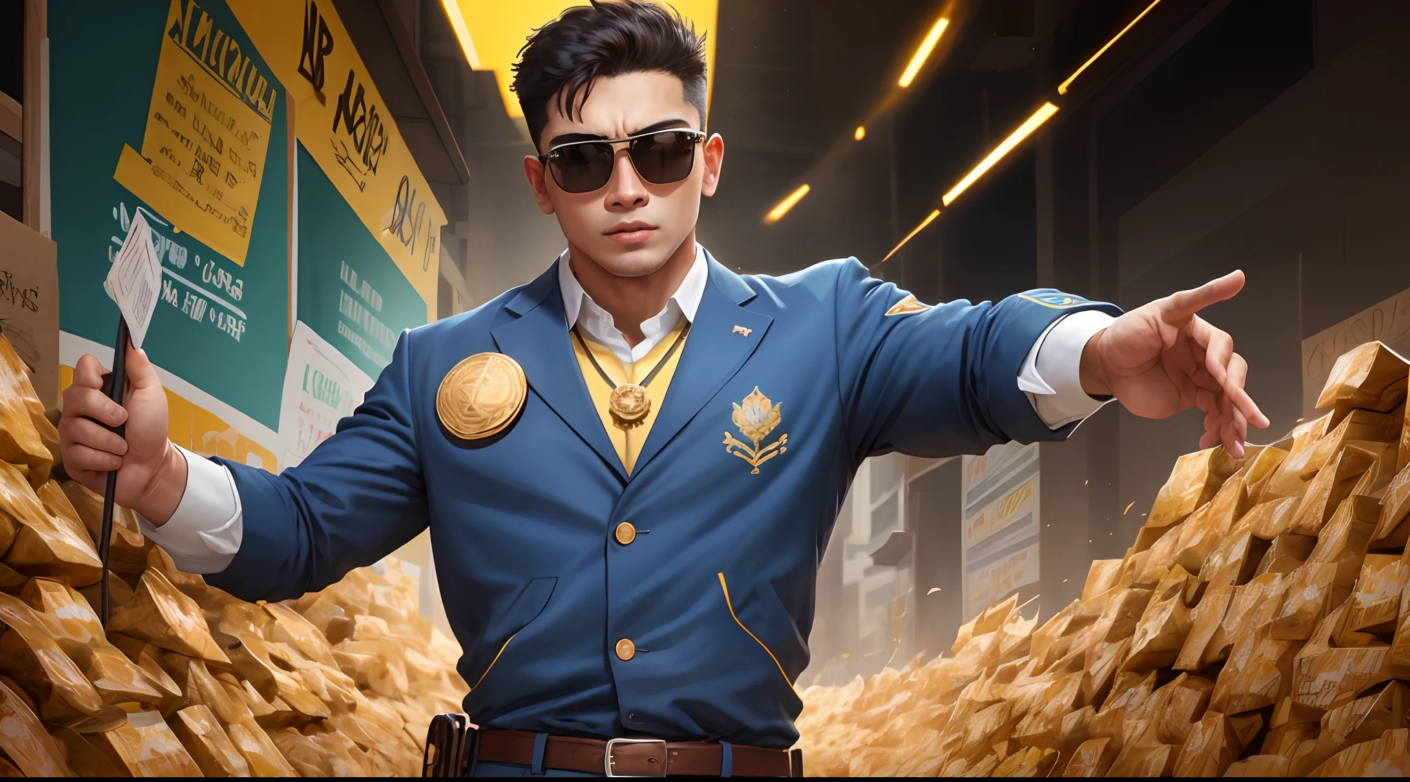 (a poster), Colheita, best quality, super detalhado, illustration, figura centrada, asian male, close-up da parte superior do corpo, boss, wearing sunglasses, naipe, with his head down, happy color expression, celebration, heap, moedas de ouro, Torcendo, Comfortable, segurando notas, Montanha de ouro, tiro grande angular, olhando para baixo atirando, distance, (far from camera), Moedas de ouro em toda a cidade no fundo