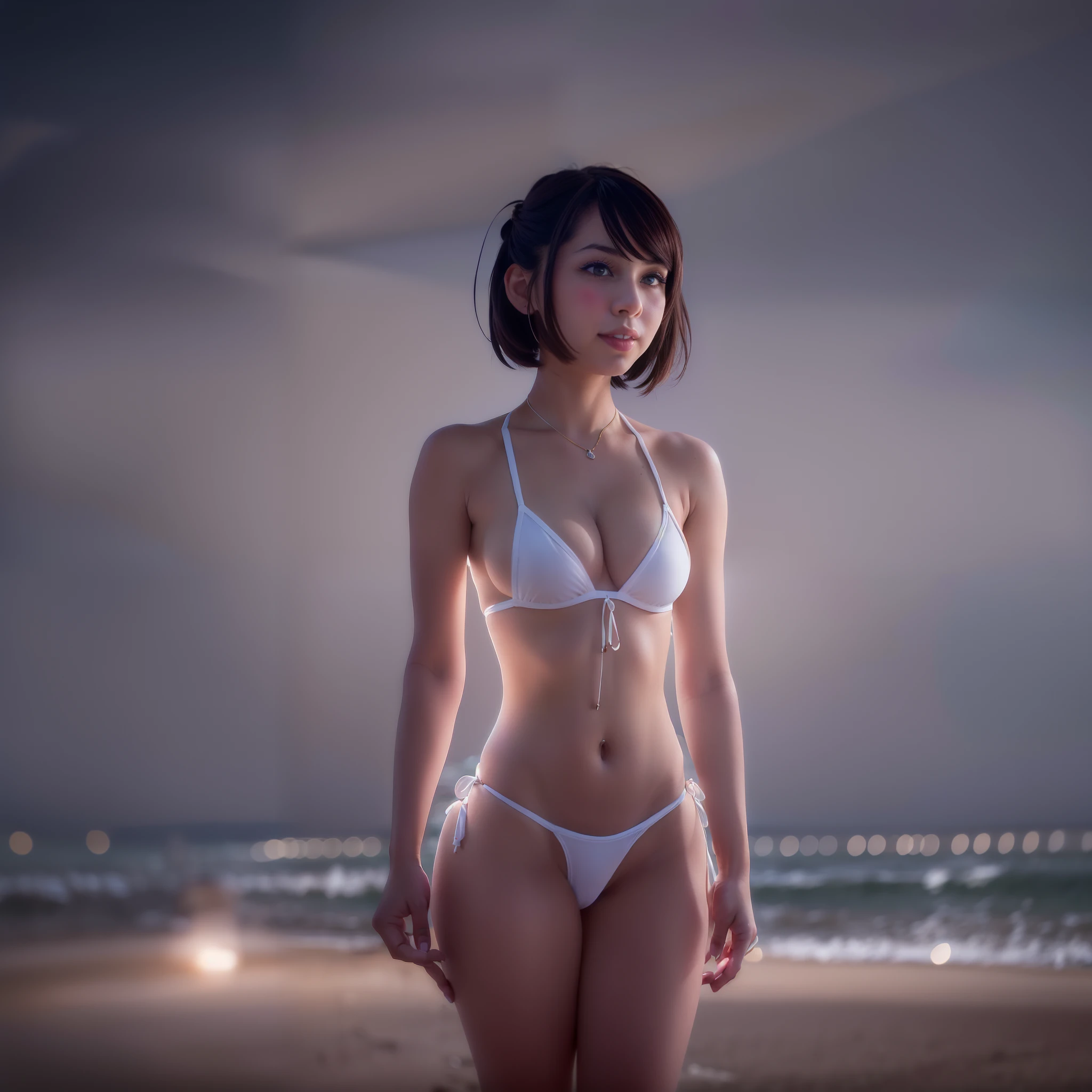 (((Cute actress posing for photographer on the beach at night))),(((She wears a white thin string bikini))),Top image quality,top-quality,perfect anatomia,hight resolution,ultra-detailliert,8k wallpaper,Textured,the detail,Unique,nffsw,extremely details CG,女の子1人,独奏,full body Esbian,is standing,Short Bob Hairstyles,Smooth bangs,Brown eyes,20yr old,view sky,A big smile,Lewd face,(Beautiful fece,Large_breasts:1.4), (Beautiful_Face:1.5),(narrow_waist),