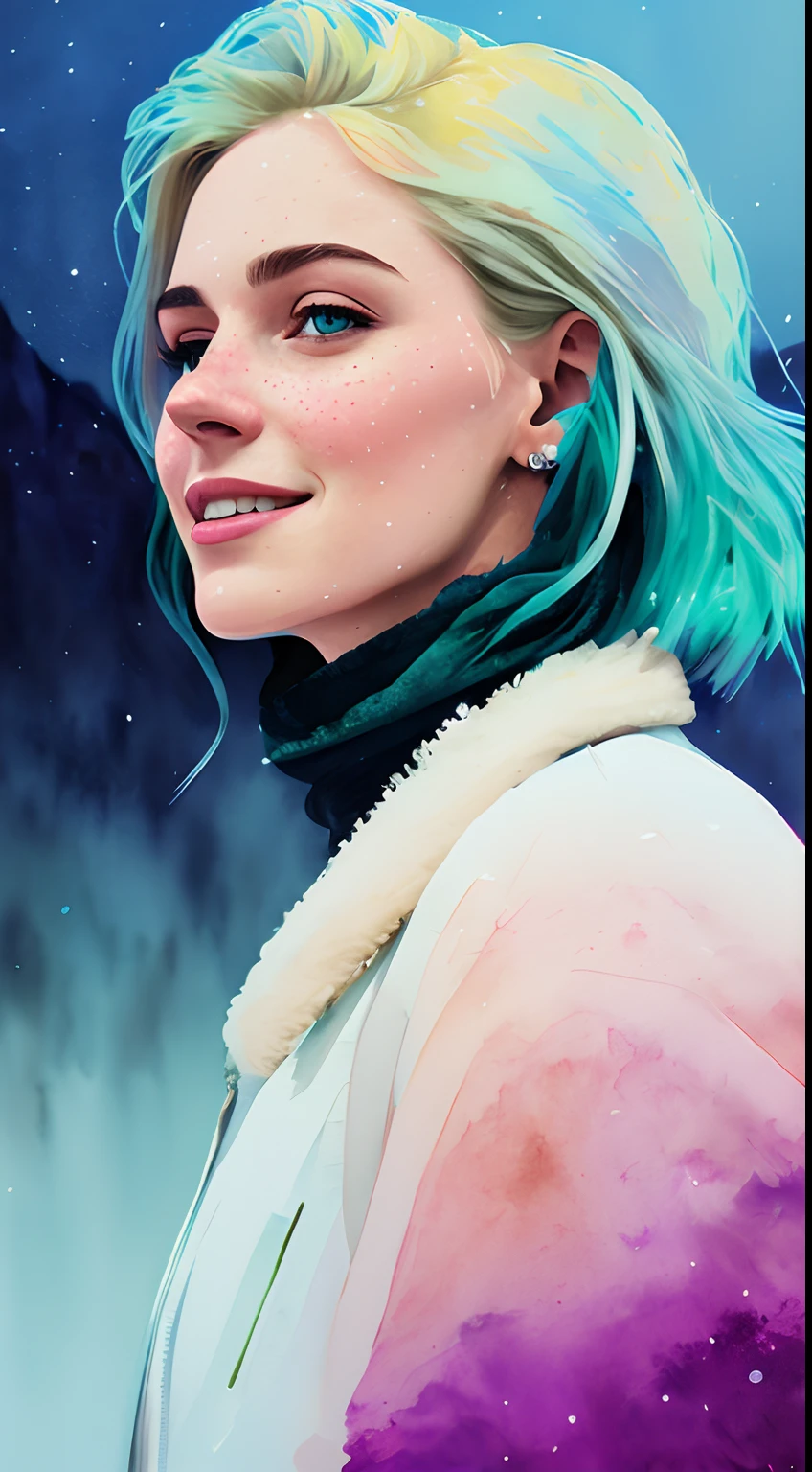 portrait of beautiful smiling woman with some freckles, snow-covered mountain landscape background by ilya kuvshinov and annie leibowitz. synthwave watercolor painting on canvas trending in artstation dramatic lighting abstract expressionism pastel shades tones (hd) golden ratio details aesthetic octane render excellent composition natural textures 8k oil paining masterpiece canon eos r4s 50
