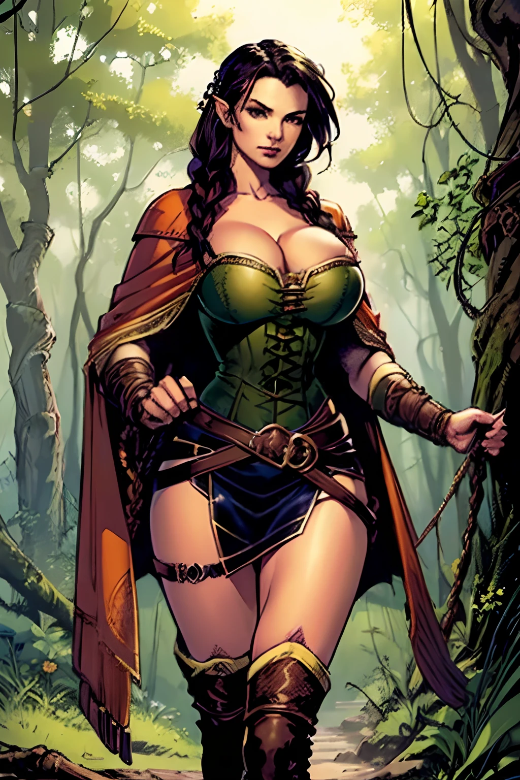 (masterpiece, top quality, best quality, official art, beautiful and aesthetic:1.2), (1girl:1.3), dark brown hair in a single braid, ((huge braid)), extremely detailed, portrait, looking at viewer, solo, (full body:0.6), detailed background, close up, cat eyes, (warm summer forest theme:1.1), elf ranger, charlatan, smirk, mysterious, walking in forest, revealing ranger attire, brown leather, cowl, cloak, corset, long boots, buckles, straps, pouches, bow and arrow, green fabric, brown leather, ((gigantic breasts, cleavage, skindentation)), slim waist, slim hips, long legs, medieval (forest exterior:1.1) background, dark mysterious lighting, shadows, magical atmosphere, dutch angle, comics