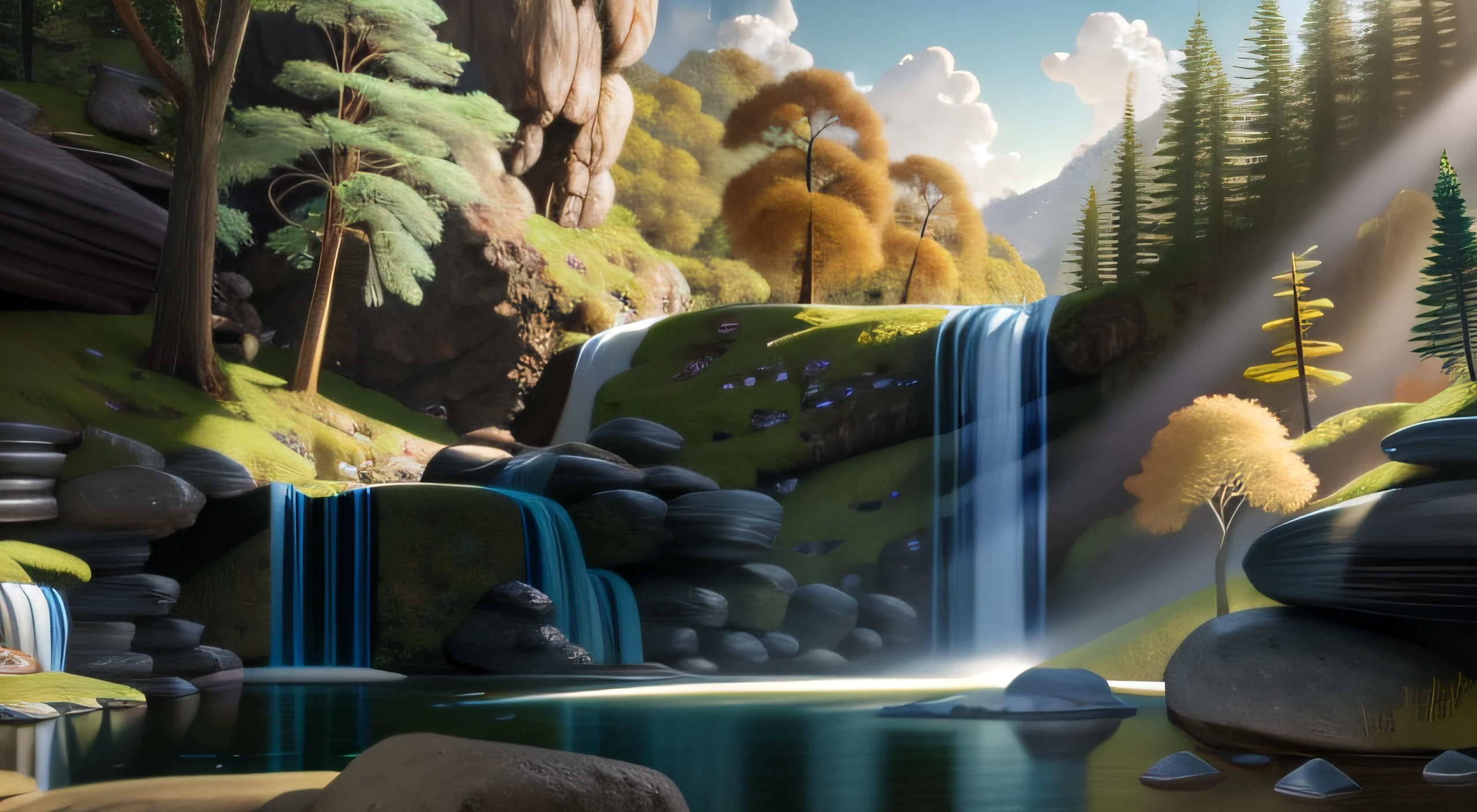 a closeup of a waterfall in a forest with rocks and trees, Tran Ross. scenic background, 8k resolution digital painting, 8k resolution digital painting, Pintura digital fosca 4K HD, Papel de parede de arte conceitual 4K, bela arte conceitual, arte conceitual 4K detalhada, Ryan Dyar, Albert Bierstadt 4 mil, arte conceitual 4k, Arte Conceitual 4K