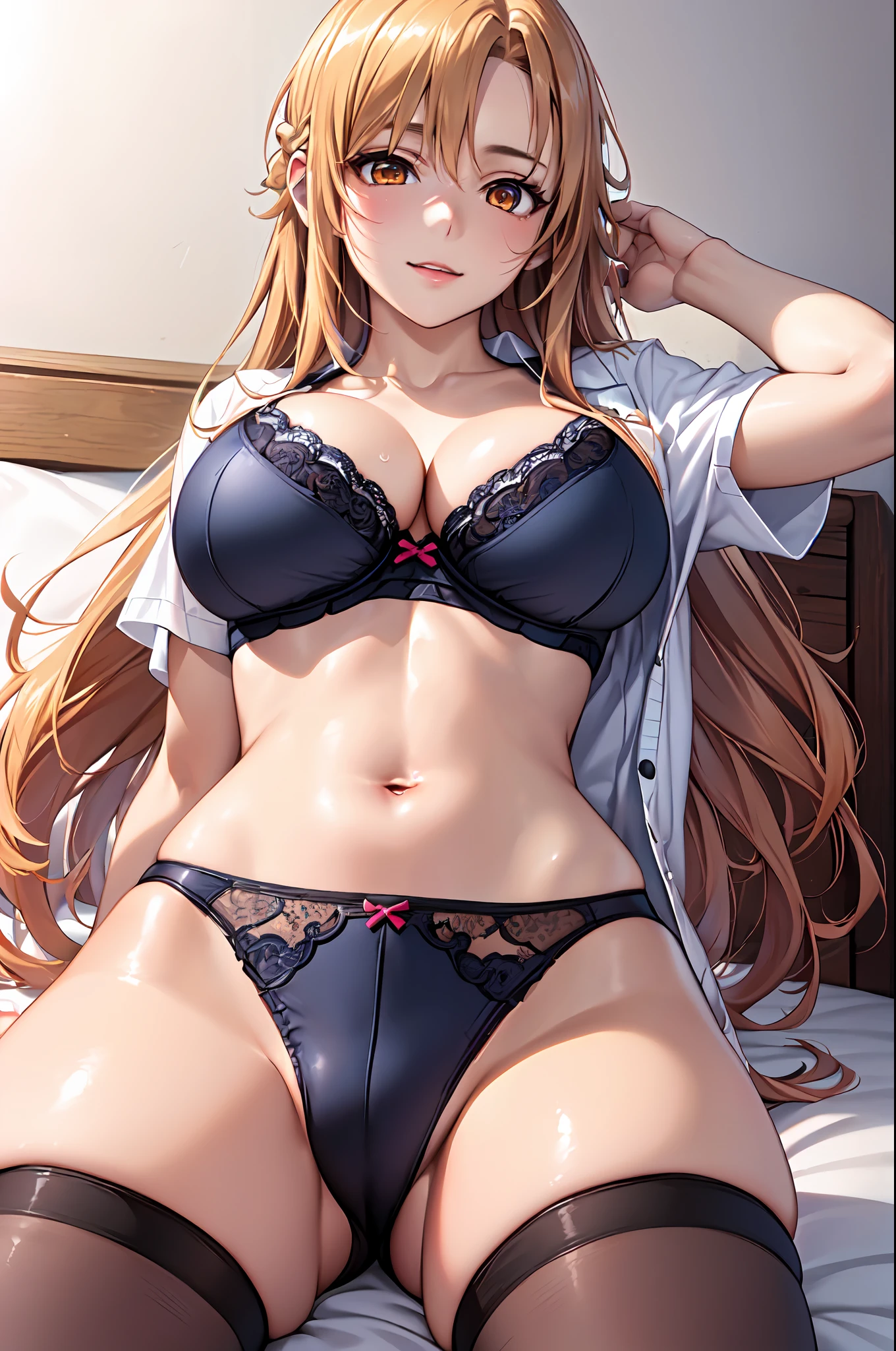 Official art、(Highly detailed CG Unity 8K:1.5)、Perfect litthing、colourfull、Bright Front face Illuminating,(Curve,Model,glamor:1.5),(Realistic, hyper realisitic:1.5),(Sleeping on your back in bed:1.5),(hand between legs:1.5),
(Master Pieces:1.5), (best_quality:1.5), Super Hi-Vision, super detailing,upper view, Sweat,(Seductive smile:1.4),
Photo Shot,hight resolution,(absurderes:1.2)、Kodak Portra 400、film grains,(lensflare:1.2)、(vivd colour:1.5),
(cowboys_shot:1.4),during daytime、Sunsight,Face up,(Asuna),(Asuna Yuki:1.5),(from below looking up:1.5),
(Orange Eyes:1.4)、partedbangs,beutiful breast、perspiring、(Solo:1.5),on the beds,(neat figure:1.5)
(a 1 girl:1.5)、18year old、High school students、Beautiful Finger、beautiful long leg、Beautiful body、Beautiful nose、Beautiful character design、Perfect eyes、face perfect、a navel、Beautiful hair,Sweat,Animated,cleavage, (Exquisite cloth,beautifully detailed eyes:1.3), (Portrait),(School uniform, Blazer, Cardigan, Jacket, Short sleeves, White shirt:1.5),(Unbutton only the top of the shirt..,Underwear visible through the gap in the shirt:1.5),(dark orange hair:1.5),
(lovly、Large breasts:1.5)、(Beautiful face:1.5),(narrowwaist:1.3),delicate patterns,intricate detailes,Smooth Anime CG Art,Beautiful anime girl,charming anime girls,The best girls in anime,beautiful anime woman、oppai、Ecchi anime style、lascivious,(Exquisite cloth,Ren Hao,Lace-trimmed bra,Lace-trimmed legwear:1.4),delicate patterns,intricate detailes,red blush,shinny skin,oestrus,(Black stockings:1.4),(Style image of woman in black underwear:1.5),(Black panties:1.5),A seductive anime girl、Small curved 、Smooth Anime CG Art、beautiful alluring anime teentorealistic anime girl render、beautiful alluring anime woman,Soft lighting、Beautiful anime girl、charming anime girls、Perfect body with realistic shading、