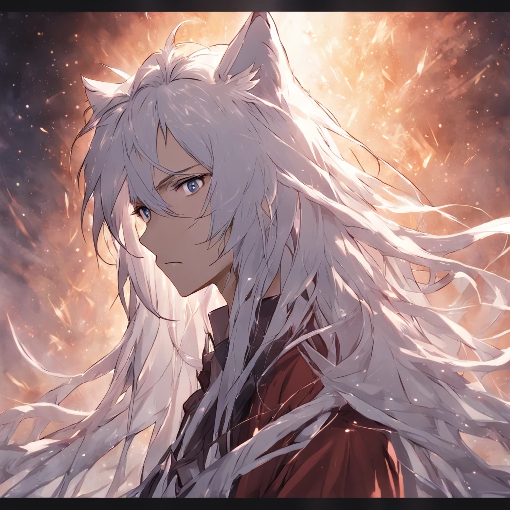 male with long flowing white hair, has wolf ears