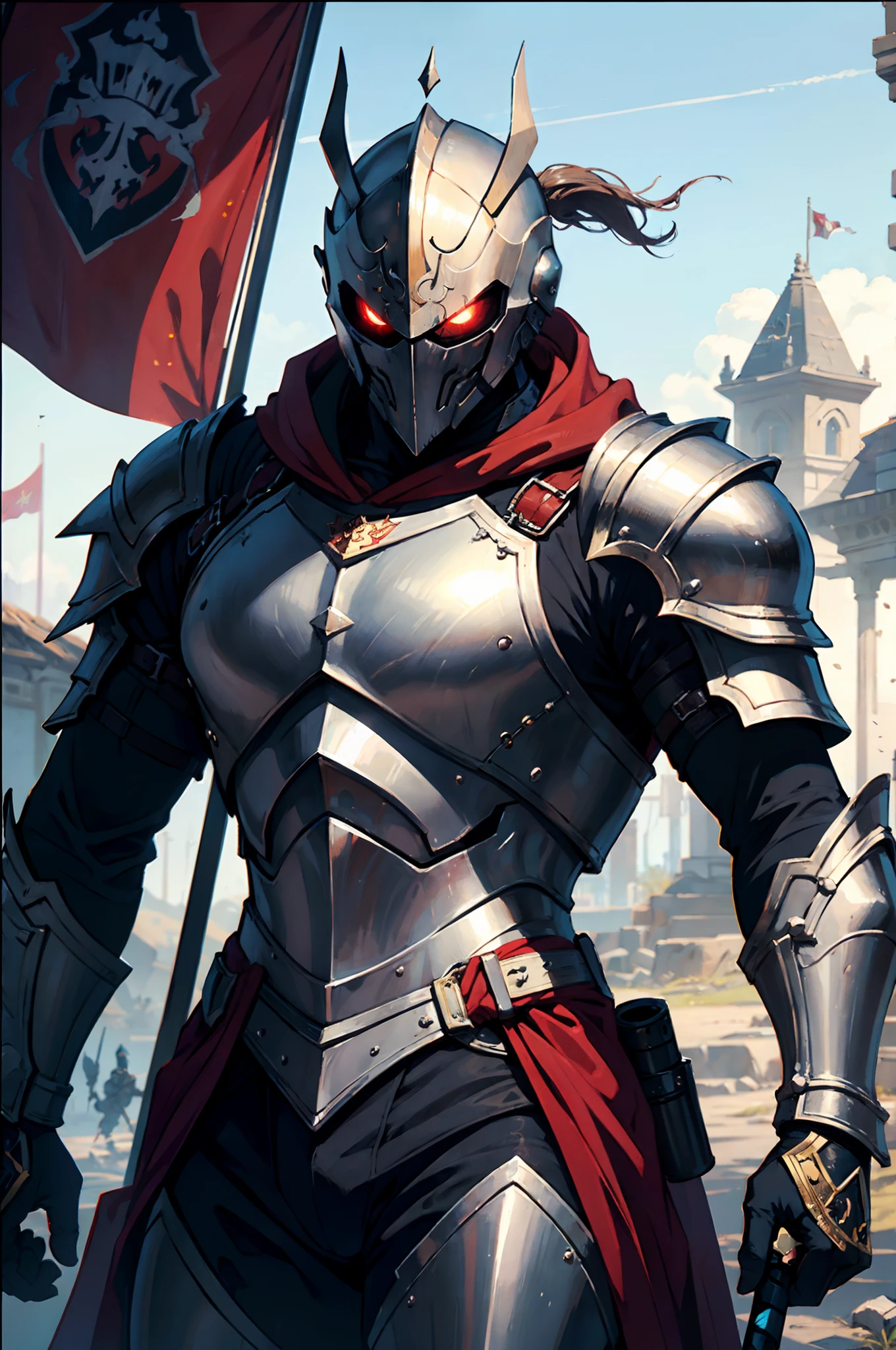 masterpiece, best quality, ultra high res, beautiful, visually stunning, elegant, incredible details, Royal Knight, holding the flag of the kingdom, award-winning painting,scifi fantasy, very muscular male man in a knight armor, royal, king, defending the land in battle, knight battle, horse, shield and sword, red flag, glowing particles, dust, action, dynamic, cinematic, metal armor, chainmail, heavy armor, mythical,(dark art:1.3), deep shadow, dark theme,
