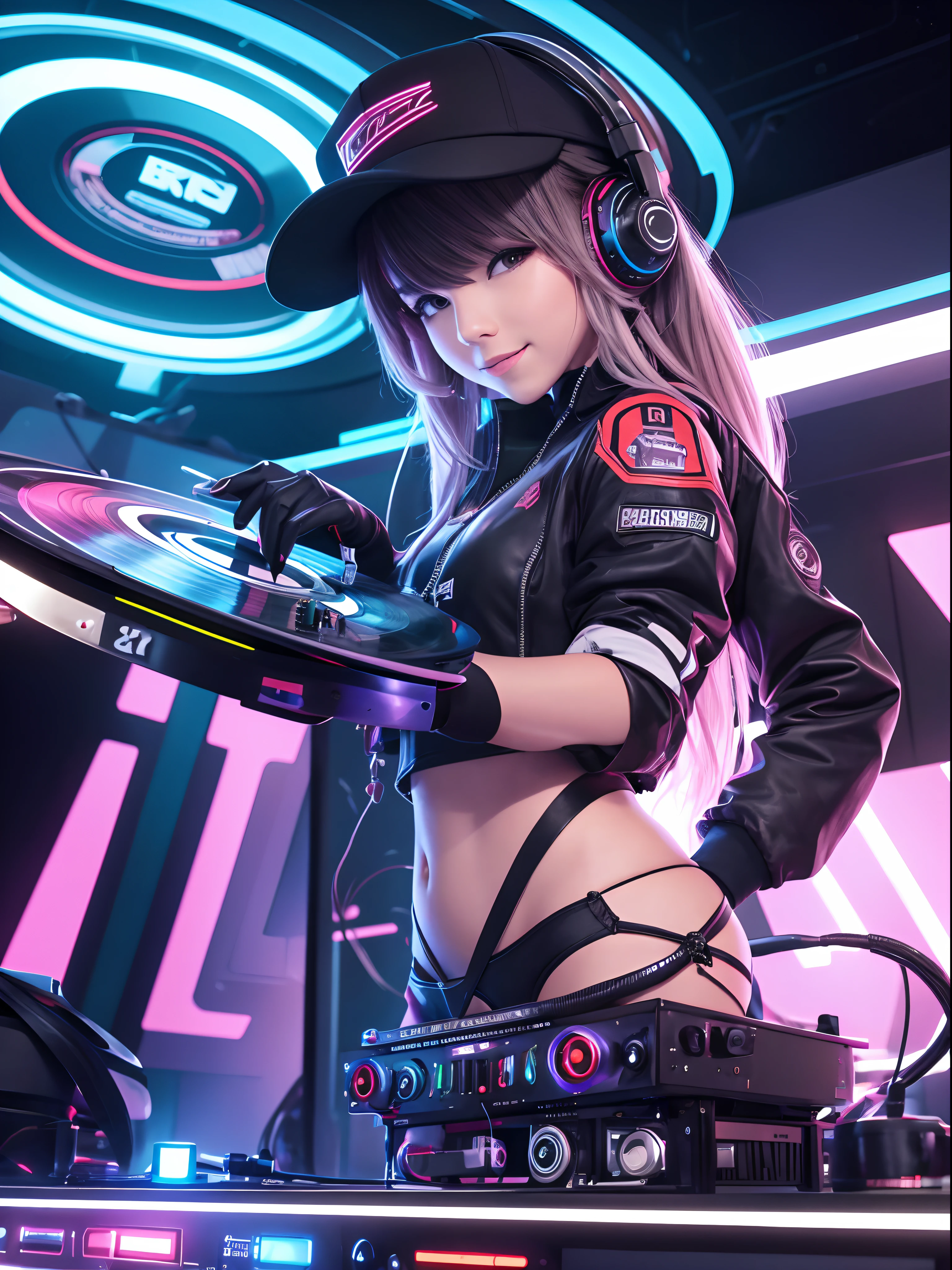 A young female DJ wears a vinyl record player on a sci-fi DJ table,(The upper part of the body:1.5), Look at the crowd,Cybernetics enhances the highly detailed futurists on the stage table,She wears futuristic clothing and double-sided hearing headphones,She wears a Rosotto hat on her head,Laugh excitedly,dynamic viewing angle,