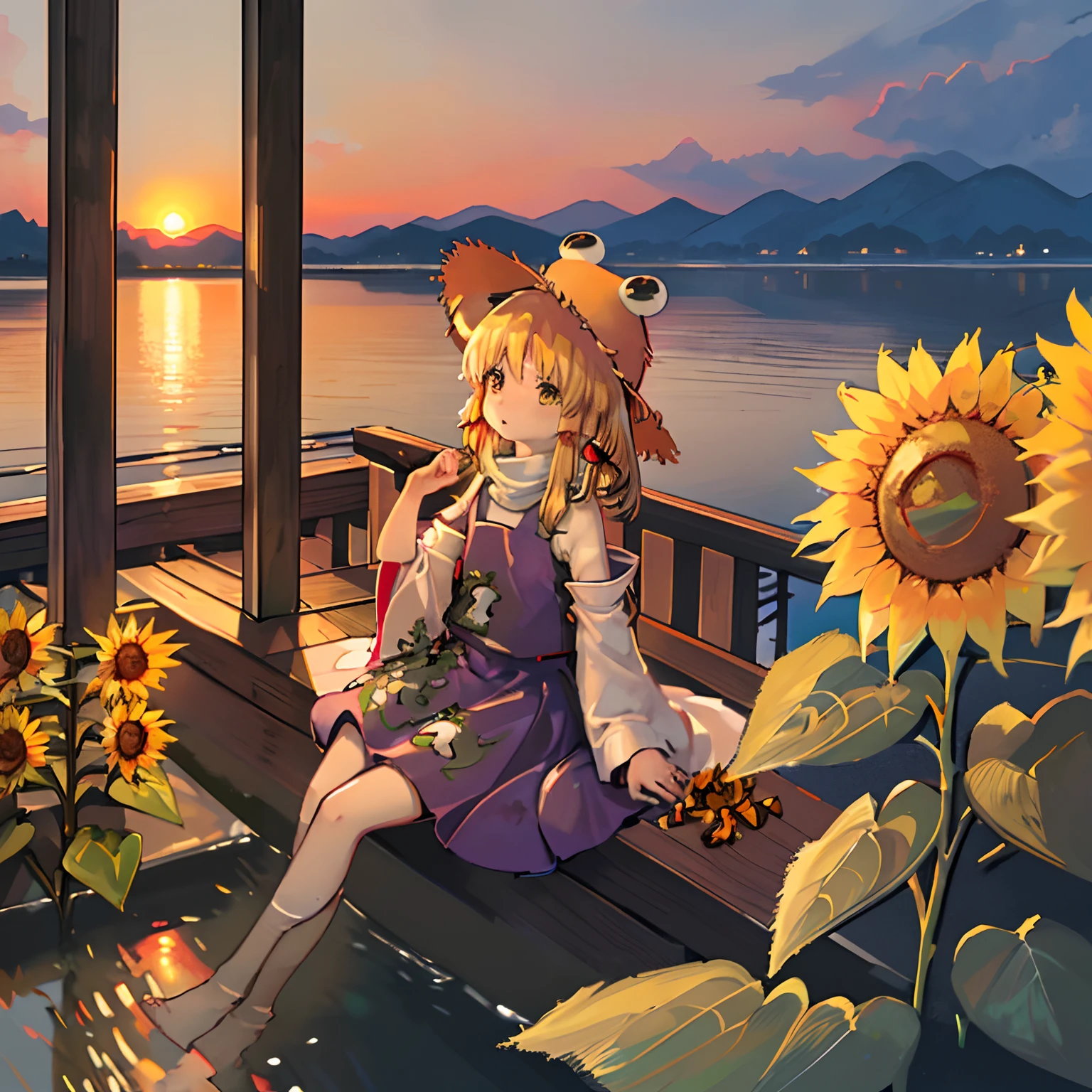 masterpiece, fine detail, 4k, 8k, 12k, solo, alone, beautiful girl, caucasian female, upper body, Suwako Moriya, blonde, looking up, sitting, dusk, summer, sunflower downcast, withered sunflower, sunset , shrine, porch, pond, frog statue