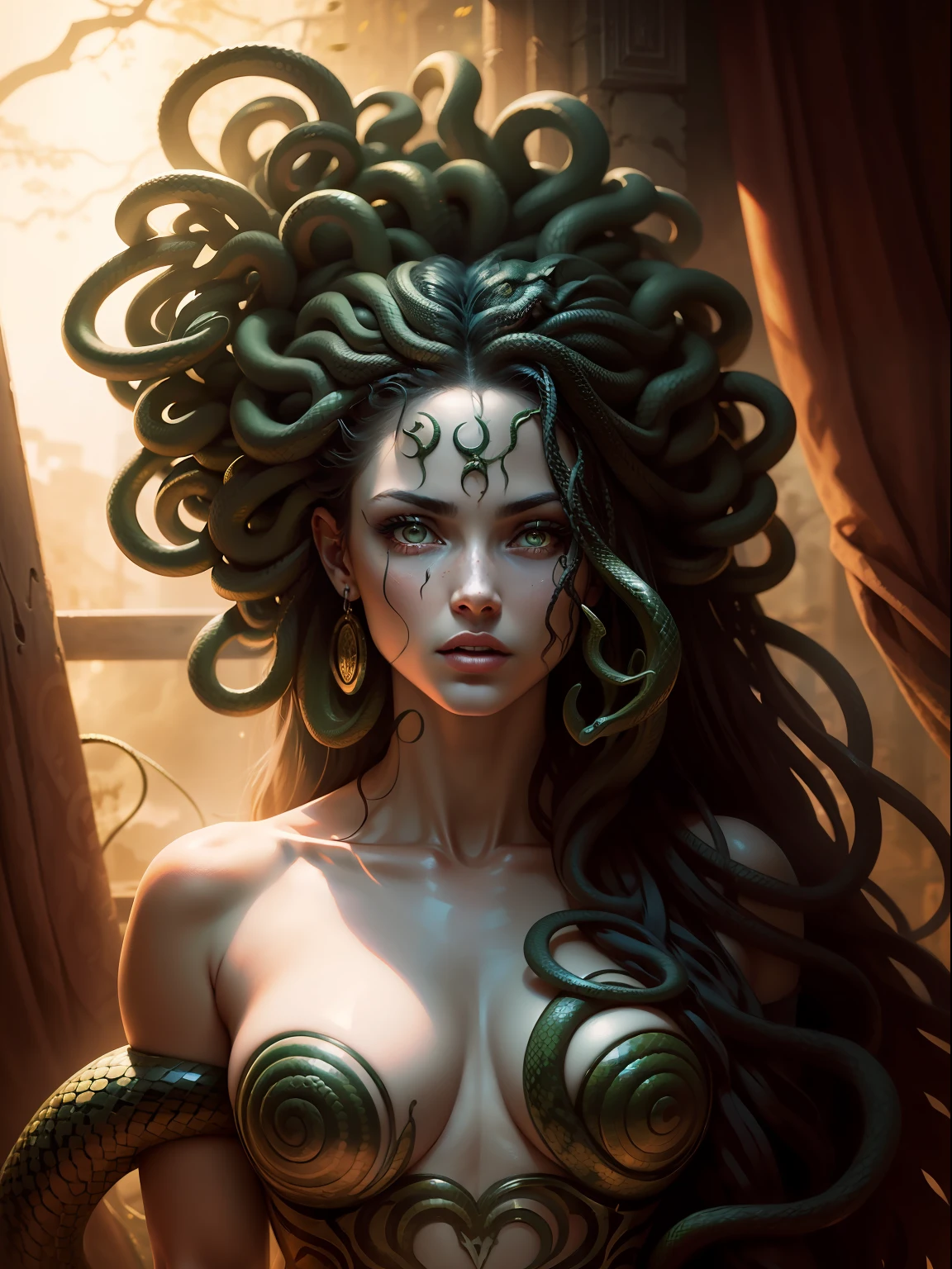 ((medusa)), ((the hair is composed of countless small snakes)), ((cobertura da parte superior do corpo com cobras)), (olhos verdes da cobra), face feminina, Rosto alto e detalhado, olhos altamente detalhados, calda de cobra, 16k, Foto RAW, best quality, master part, Foto colorida RAW de alto detalhe, dramatic lighting, Cinematic lighting,