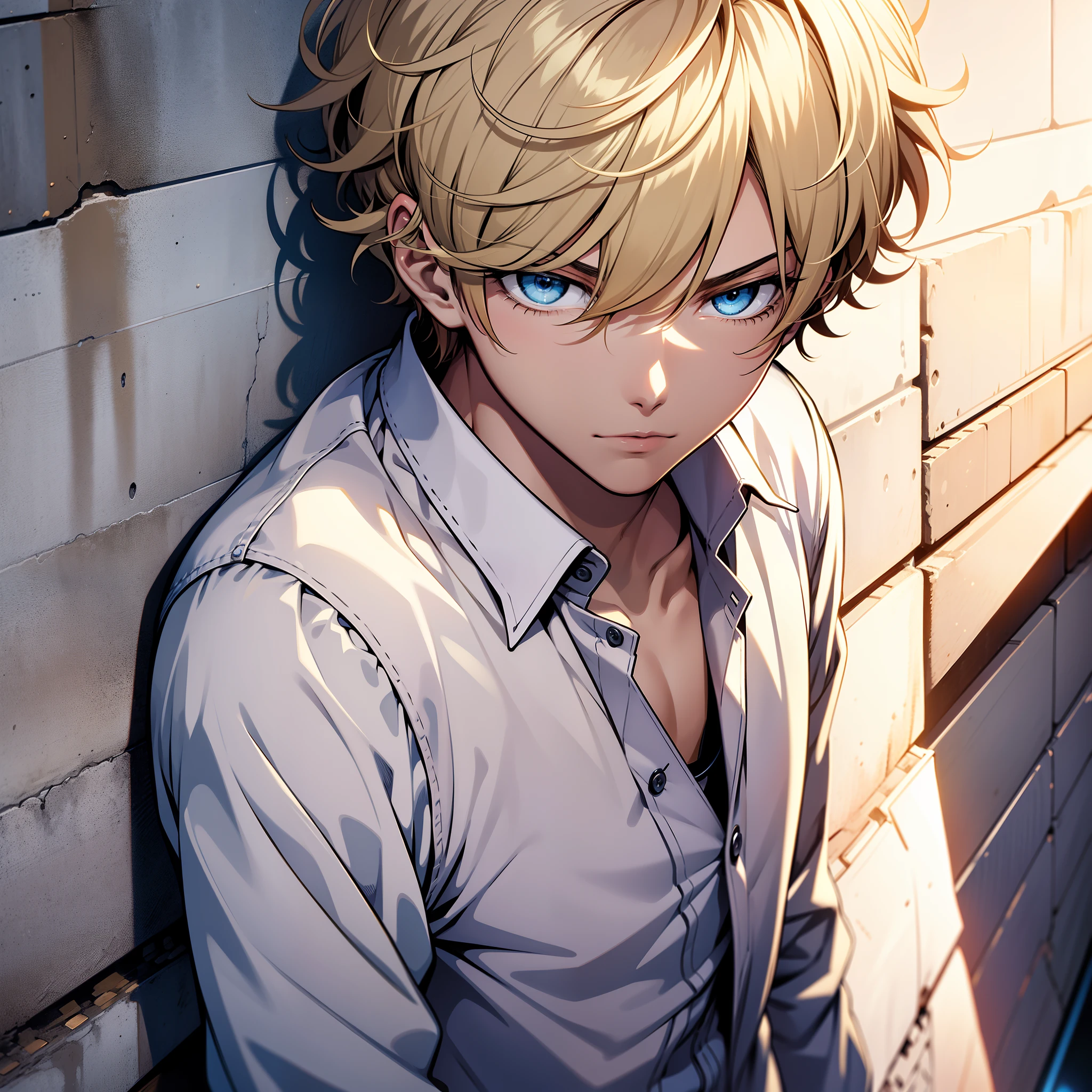 superfine illustration,masutepiece,Animated,Boy,man,Man's,gay,Yaoi,Guy,man,Man's,Short hair,Curly hair,Parted bangs,Blonde hair,Blue eyes,White skin,white shirt,Wall Don
