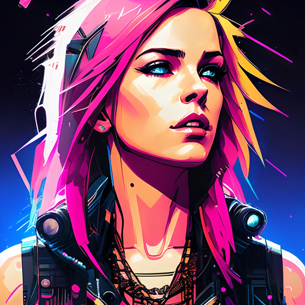 snthwve style nvinkpunk close up portrait of a punk woman, punk rock, roller derby, tank girl, bubblegum, edgy, dangerous, high detailed, 8k, by jeremy mann, by sandra chevrier, by dave mckean and richard avedon and maciej kuciara