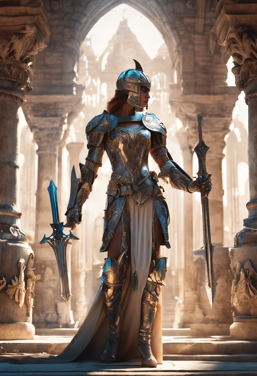 Royal Knights,Gorgeous heavy armor wraps the whole body,Point the Knight's Sword to the sky,sportrait,closeup cleavage,Solemn,flatchest,modest,humble,Cinematic, hdr, primitive, Intricate, High quality, Gorgeous shades, Intricate details, super-fine,oc rendered